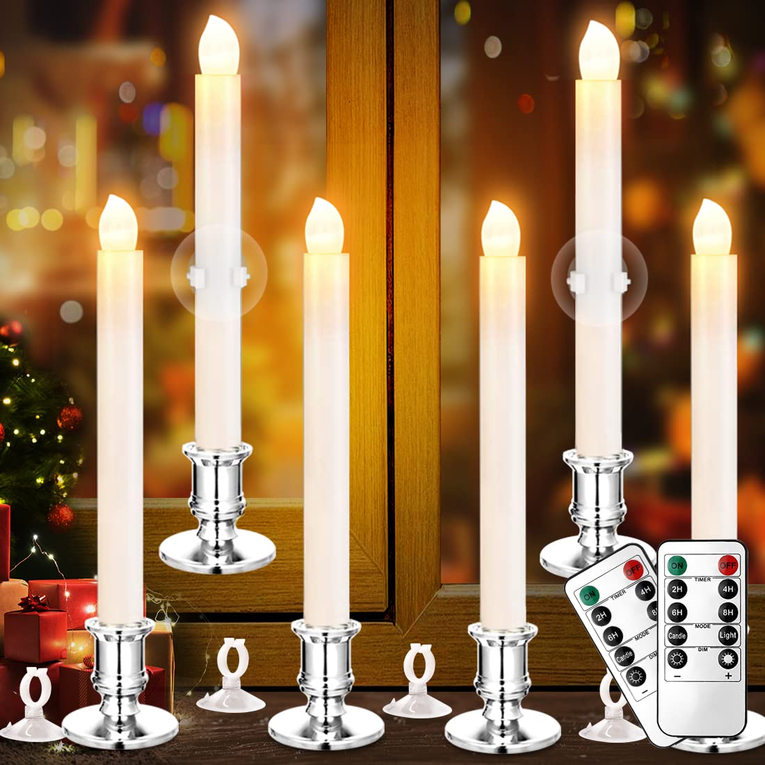 YAUNGEL Window Candles, 6 Pack LED Battery Operated Christmas Candles for Windows with Remote Electric Candle Lights with Removable Candle Holders Suction Cups for Christmas Decorations, Silver