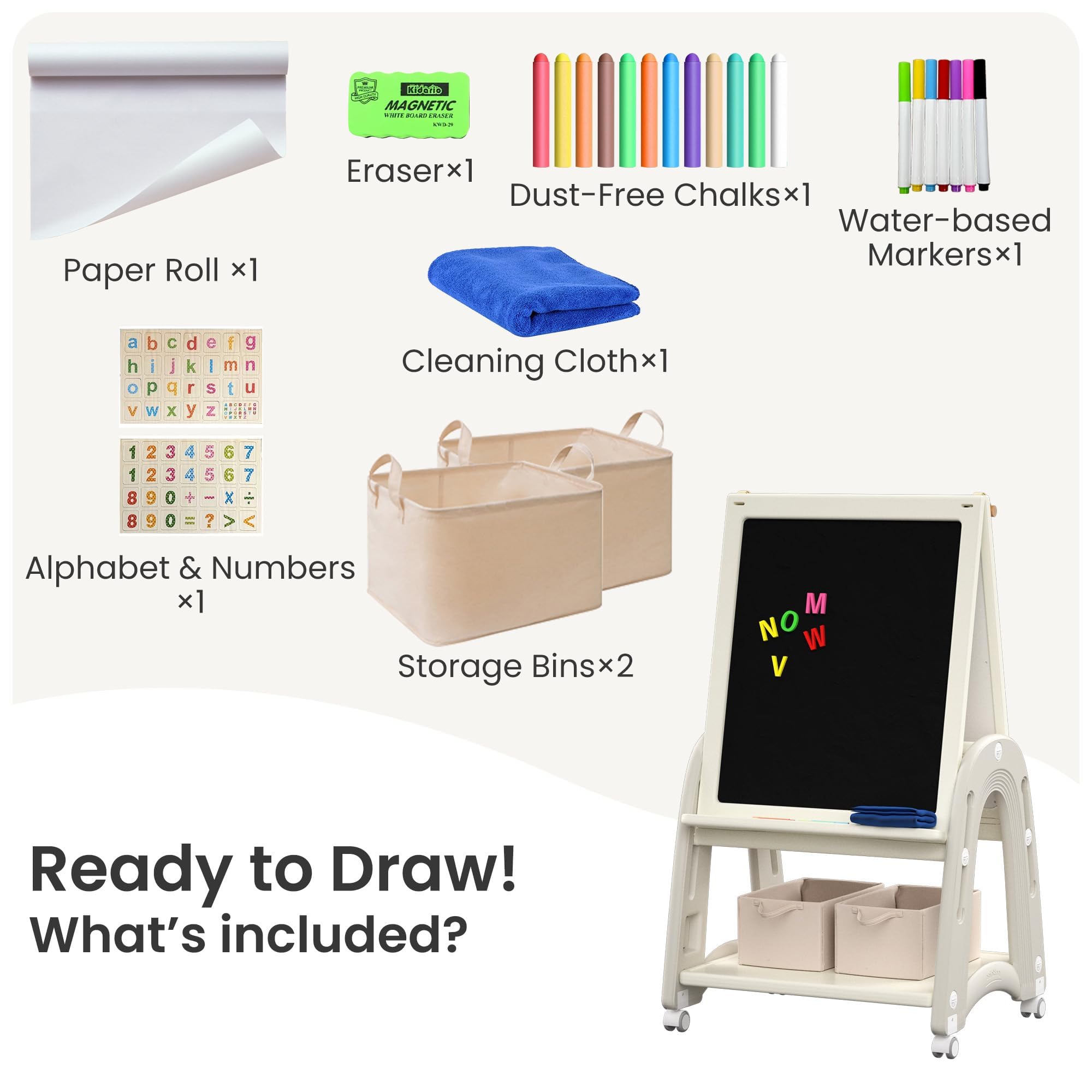Chevalet Artistique 3-en-1 pour Enfants avec Rouleau de Papier, Tableau Double Face avec Tableau Blanc et Ardoise, Hauteur Réglable, avec Accessoires de Dessin, Blanc