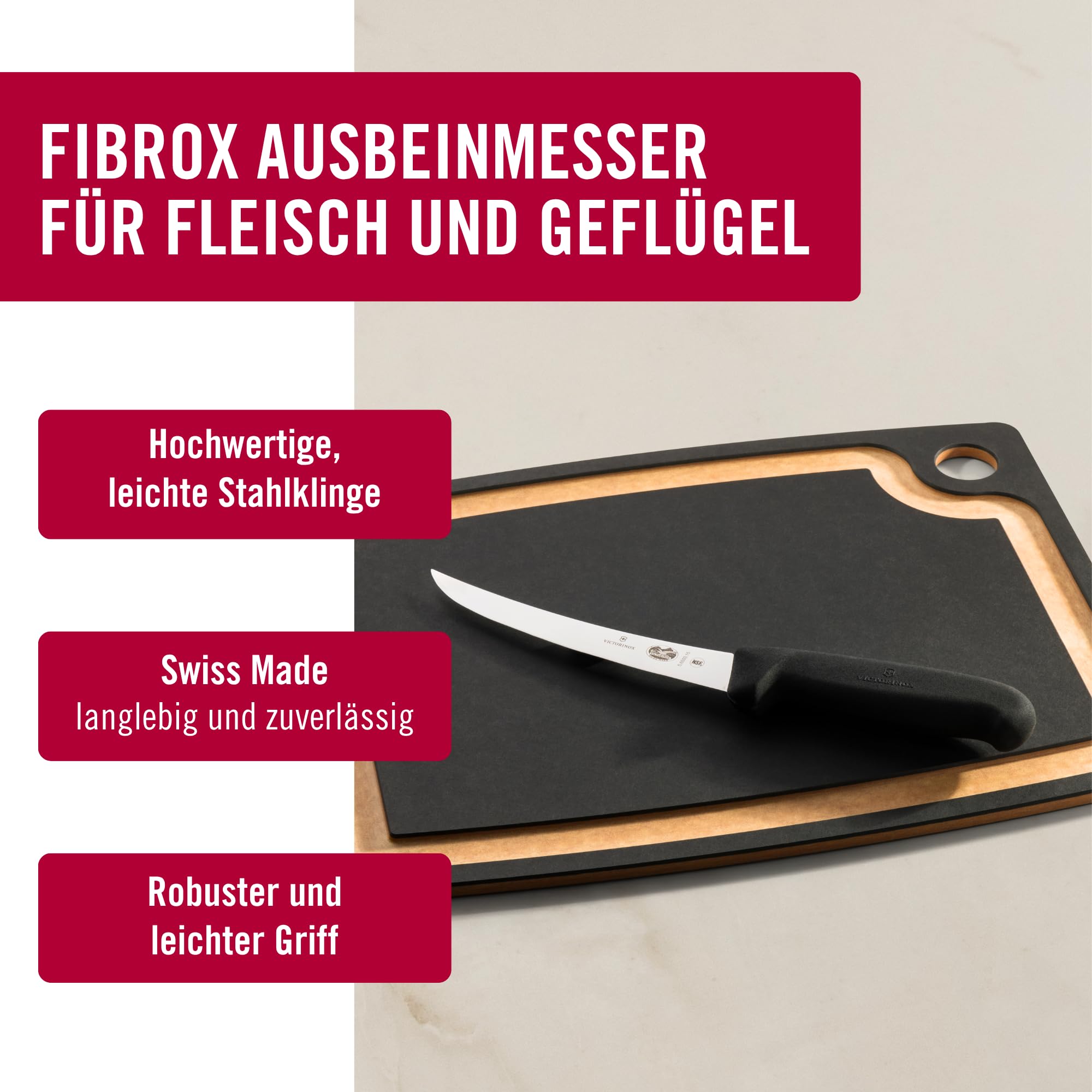 Victorinox Fibrox Ausbeinmesser, Scharfes Küchenmesser für Fleisch und Geflügel, 15 cm, Gebogene Klinge, Schmal, HACCP geeignet, Rutschfest, Schwarz