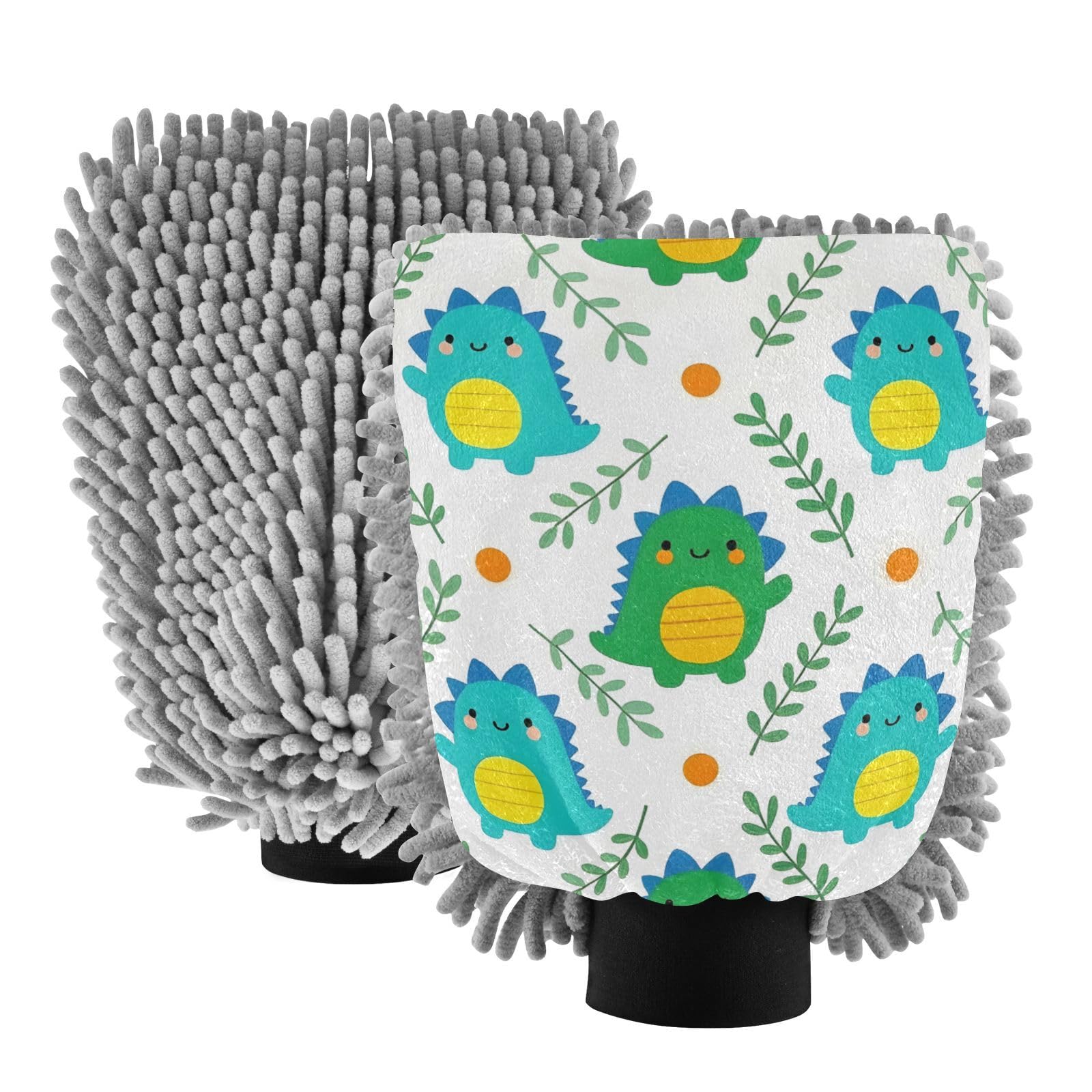 ALAZA Cute Dinosaurs Dino Cartoon Car Wash Mitt Scratch Free, 2 Pack Absorbent Microfiber/Chenille Washing & Drying Mitts, L