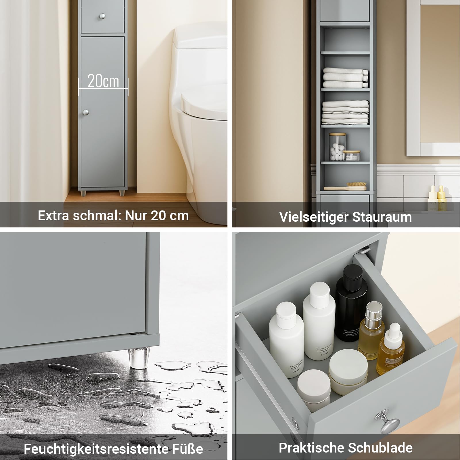 SoBuy Badezimmerschrank Hochschrank Schmal Badschrank für kleine Bäder mit verstellbaren Einlegeböden Platzsparender Badezimmer Schrank für Waschbecken, WC, Waschmaschine 20x20x180cm Grau BZR34-II-HG