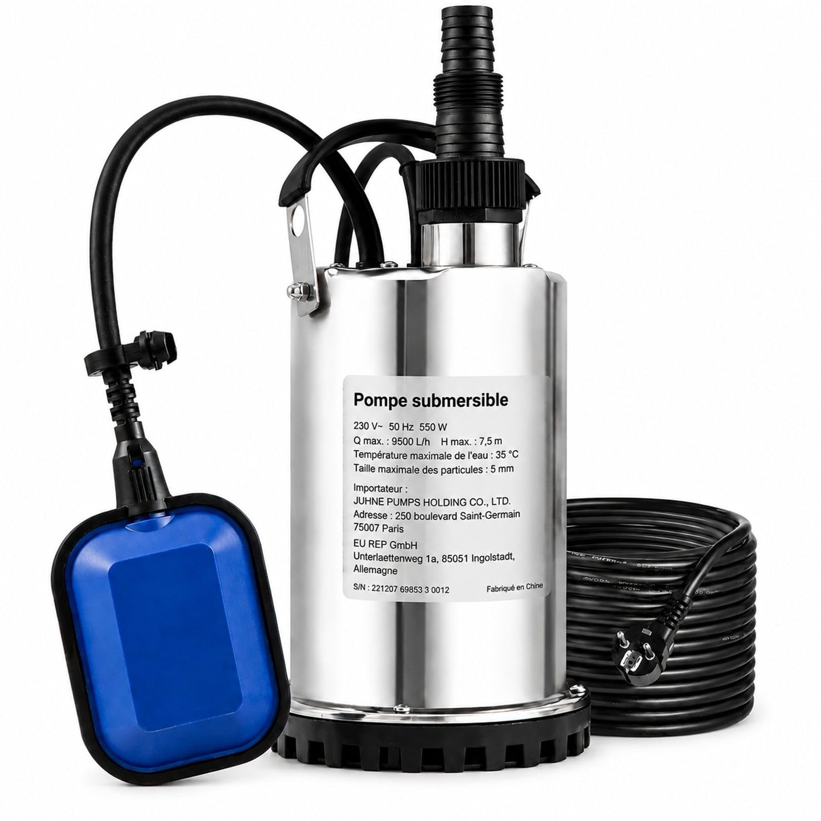 Pompe submersible pour eaux chargées 230 V 550 W 9500 L/h pour piscine, cave et étang