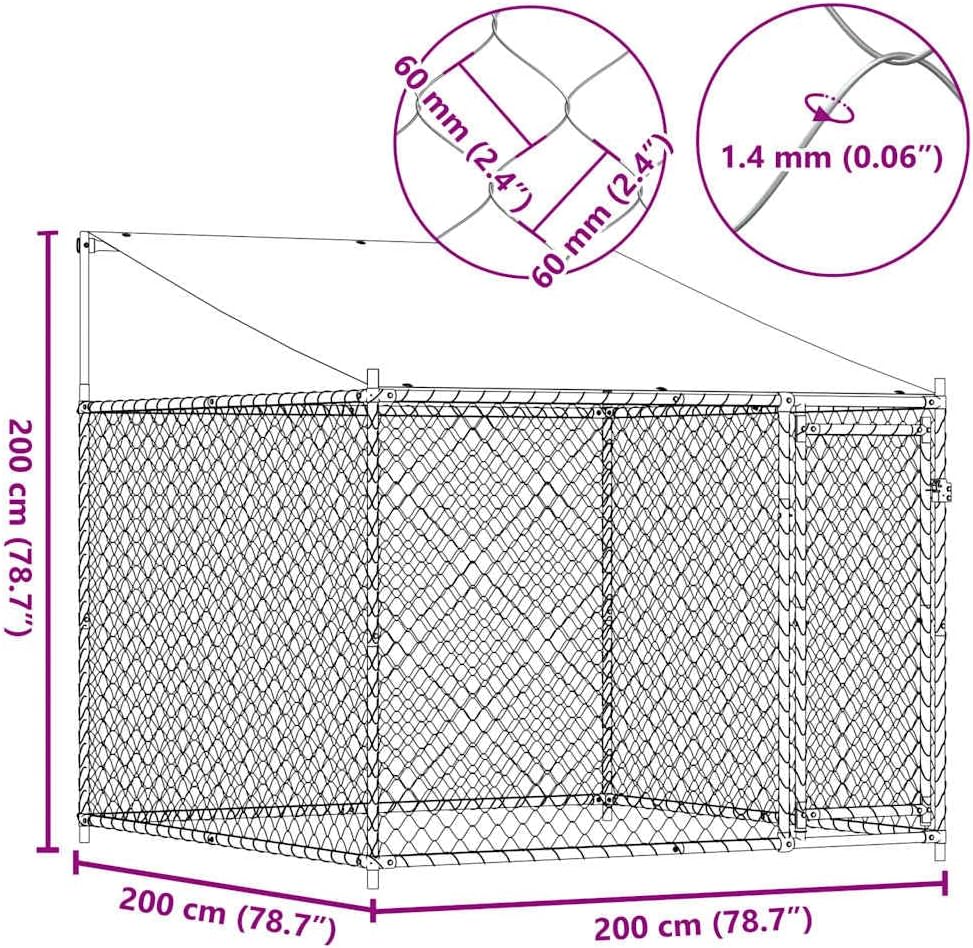 Diagram showing dimensions and mesh details of the dog cage