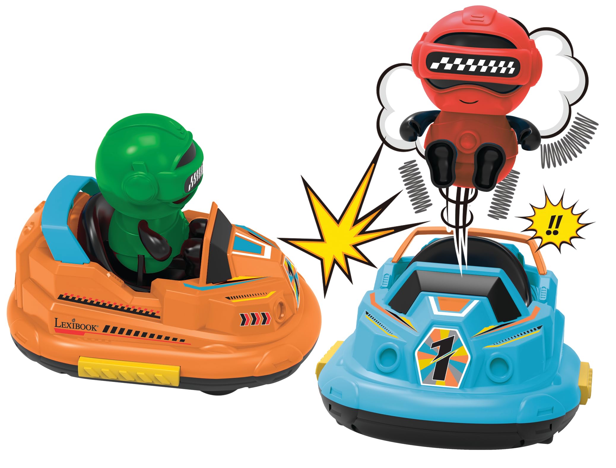 Lexibook, Crosslander® Bumper Cars, zestaw 2 zdalnie sterowanych samochodów wyścigowych typu bumper, do 5 km/h, 2 wyjmowane postacie, efekty dźwiękowe i świetlne, niebieski/pomarańczowy, RC2A