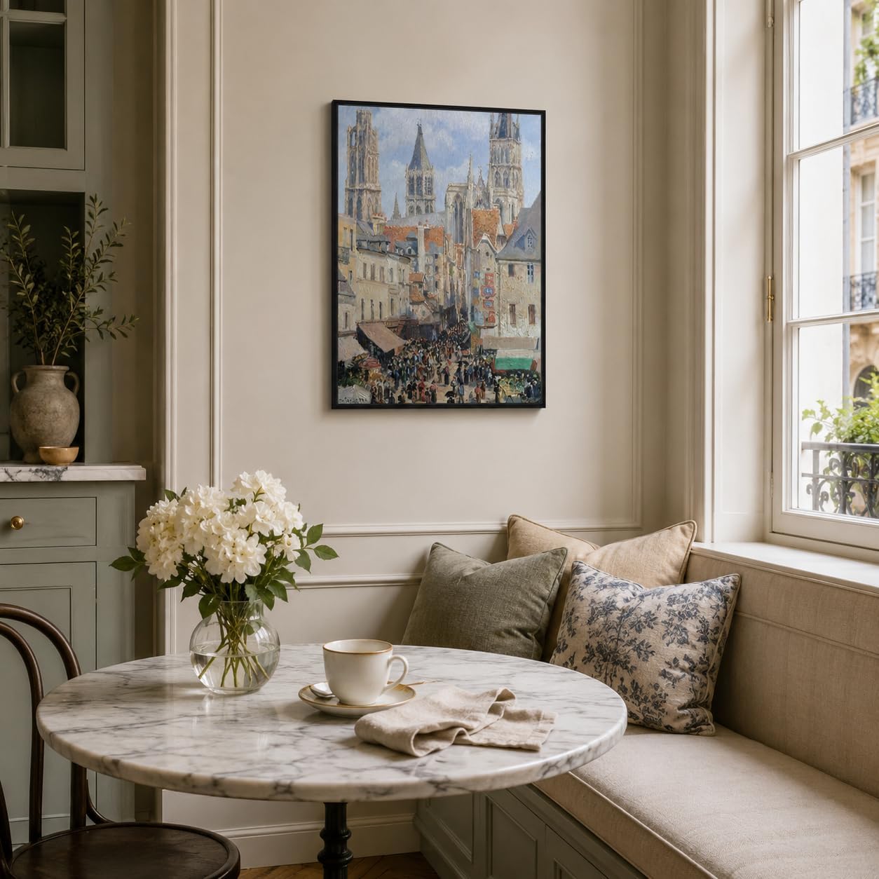 Pissarro Rouen Cathedral Floating Framed Canvas Wall Art French Market Painting Prints Posters Impressionist Wall Decor Cityscape Artwork for Living Room Bedroom Office Gallery Home Gift 12x16 Inches