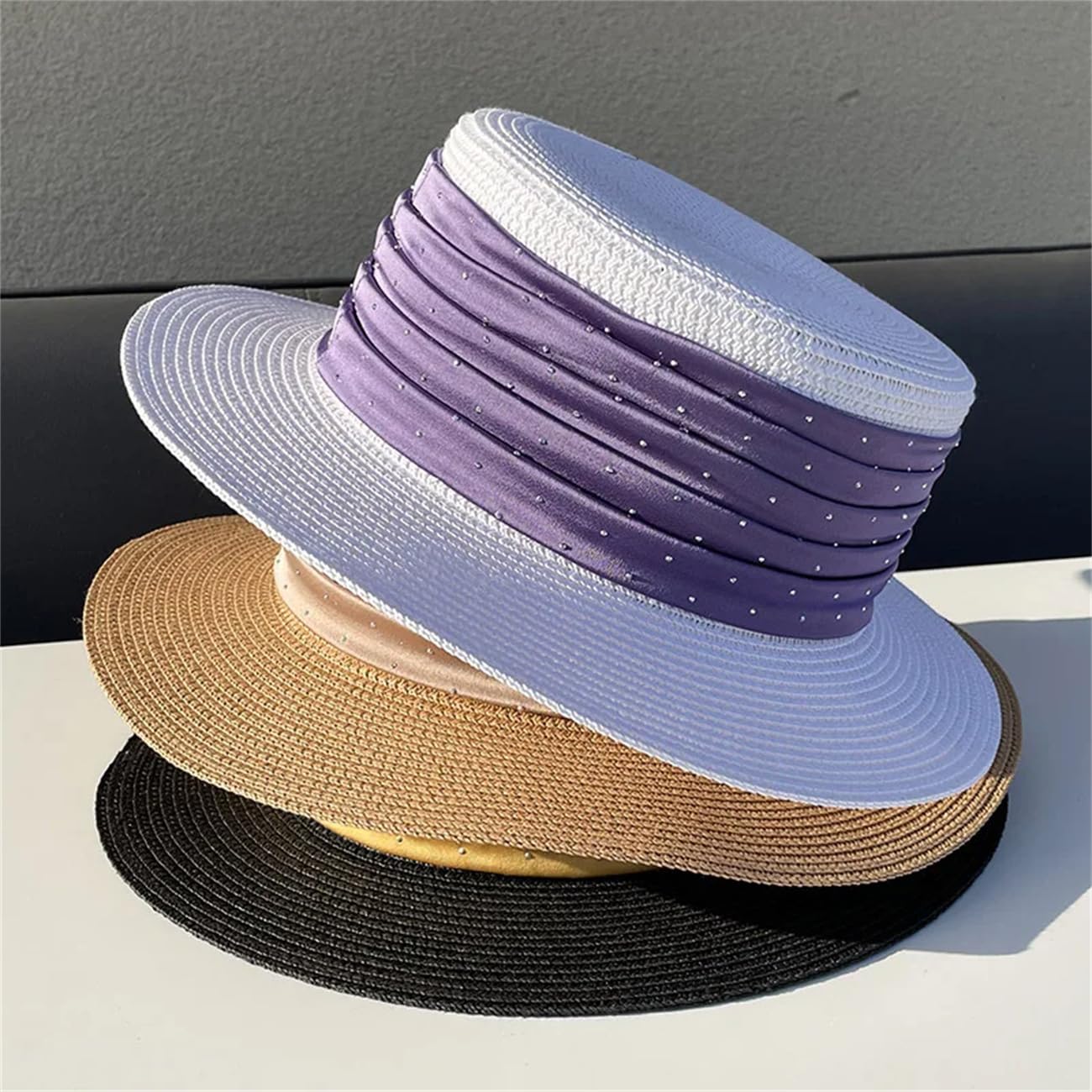 Cappello da donna in raso con strass in paglia treccia piatta visiera cappello jazz casual panama cappello estivo elegante da spiaggia cappelli di paglia