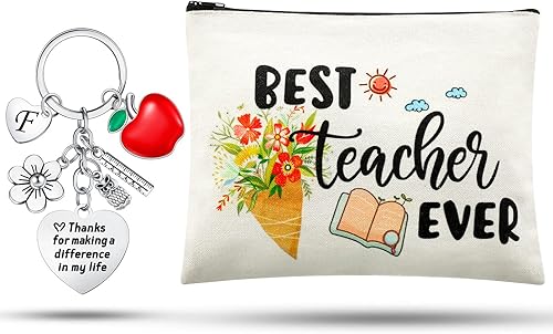 Fumete Juego de regalos de agradecimiento para profesores para mujeres, bolsa de maquillaje con inicial, llavero para regalo de graduación