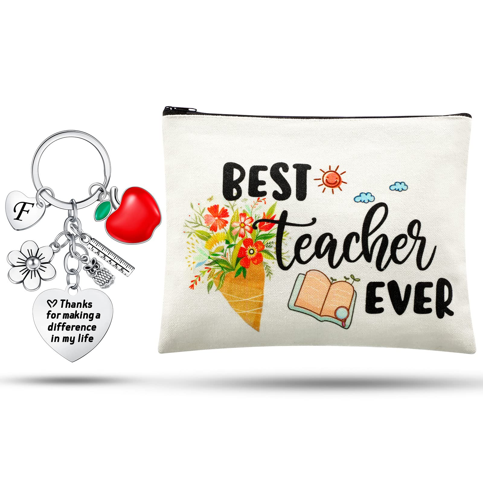 Fumete Teacher Appreciation Gifts Christmas Makeup bag with Initial Letters Keychain Best Teacher Ever Graduation Thank You Gift
