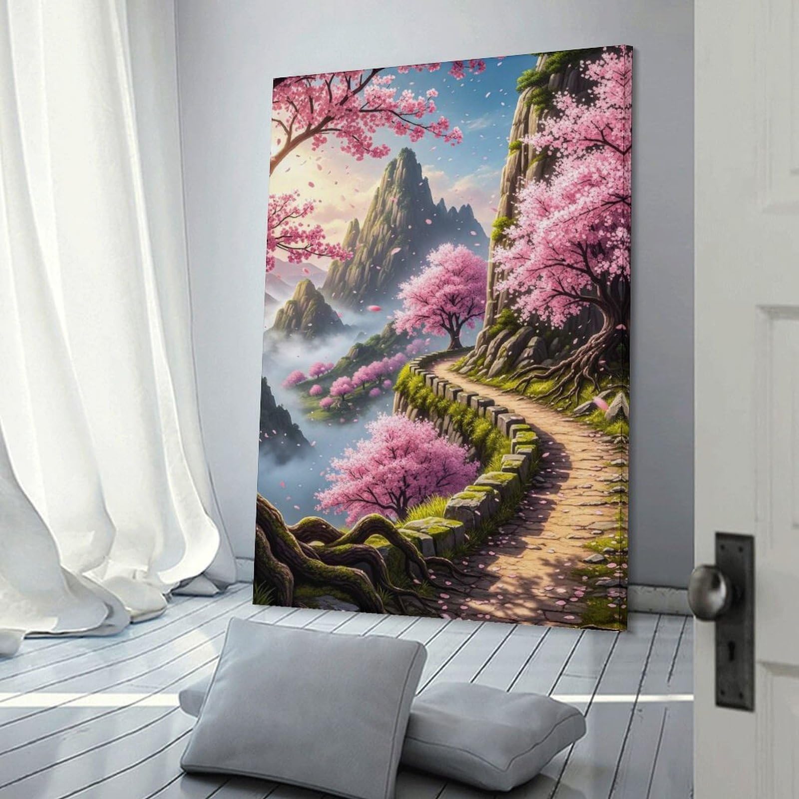 Junmoney Canvas Wall Art Serene Mountain Path with Cherry Blossoms, 24x36inch(60x90cm), for Lounge Decor, Bedroom Walls Or Flats, A Home Accent with Warm Character