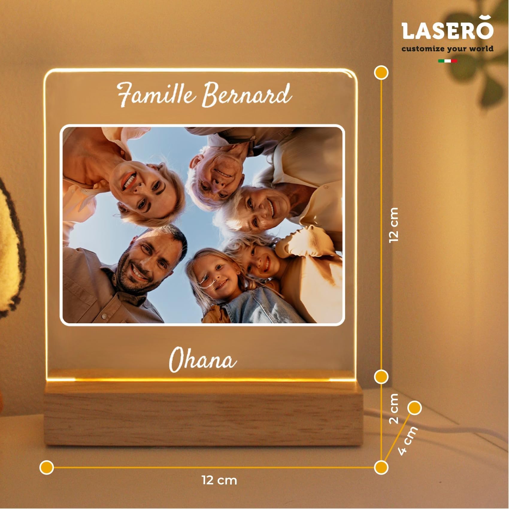 LASERO' Cadre Photo Personnalisé - Impression UV sur Plaque Personnalisée en Acrylique Rectangulaire avec Socle en Bois LED | Lampe Personnalisée avec Photo, Cadeau Homme, Femme, Couple