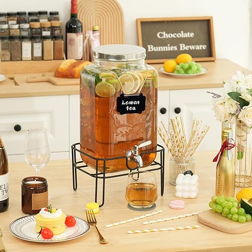 Miniatura 8 de Moretoes Dispensador de bebidas de vidrio para fiestas, dispensador de bebidas de 2 galones con soporte para jugo y té helado, dispensador de jarra