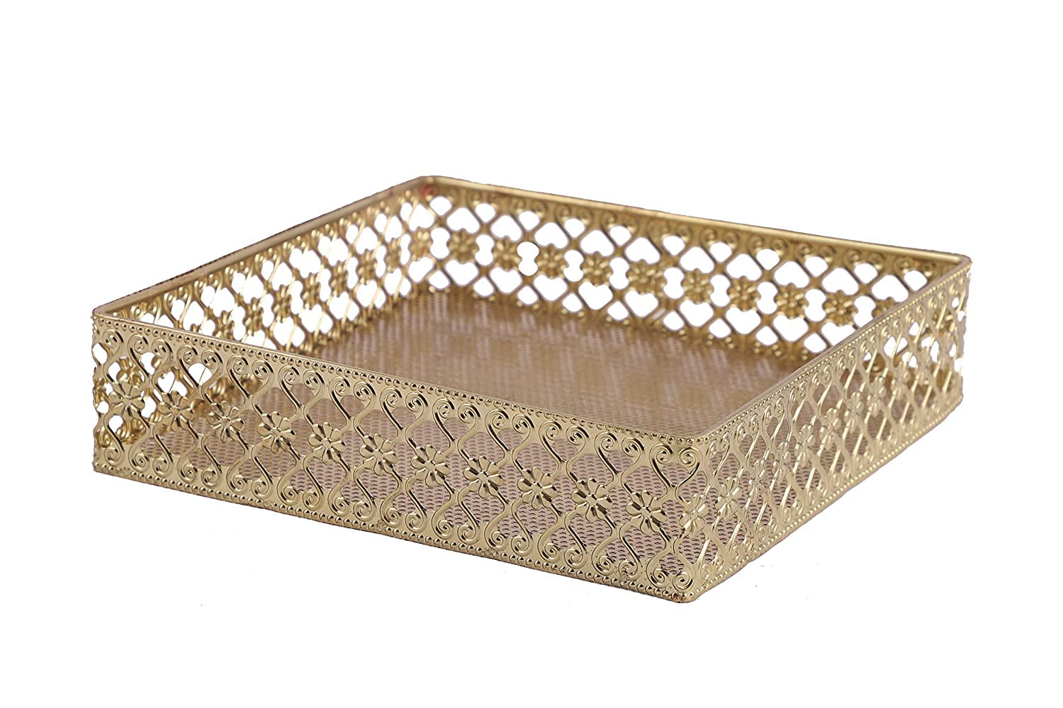 SpaziomakerCollections Smart Creations Polished Gold Metal trays for serving Decorative Tray Vanity/Basket Wedding/Packing Tray/Decorative items for home (15.5 x 15.5 x 5)