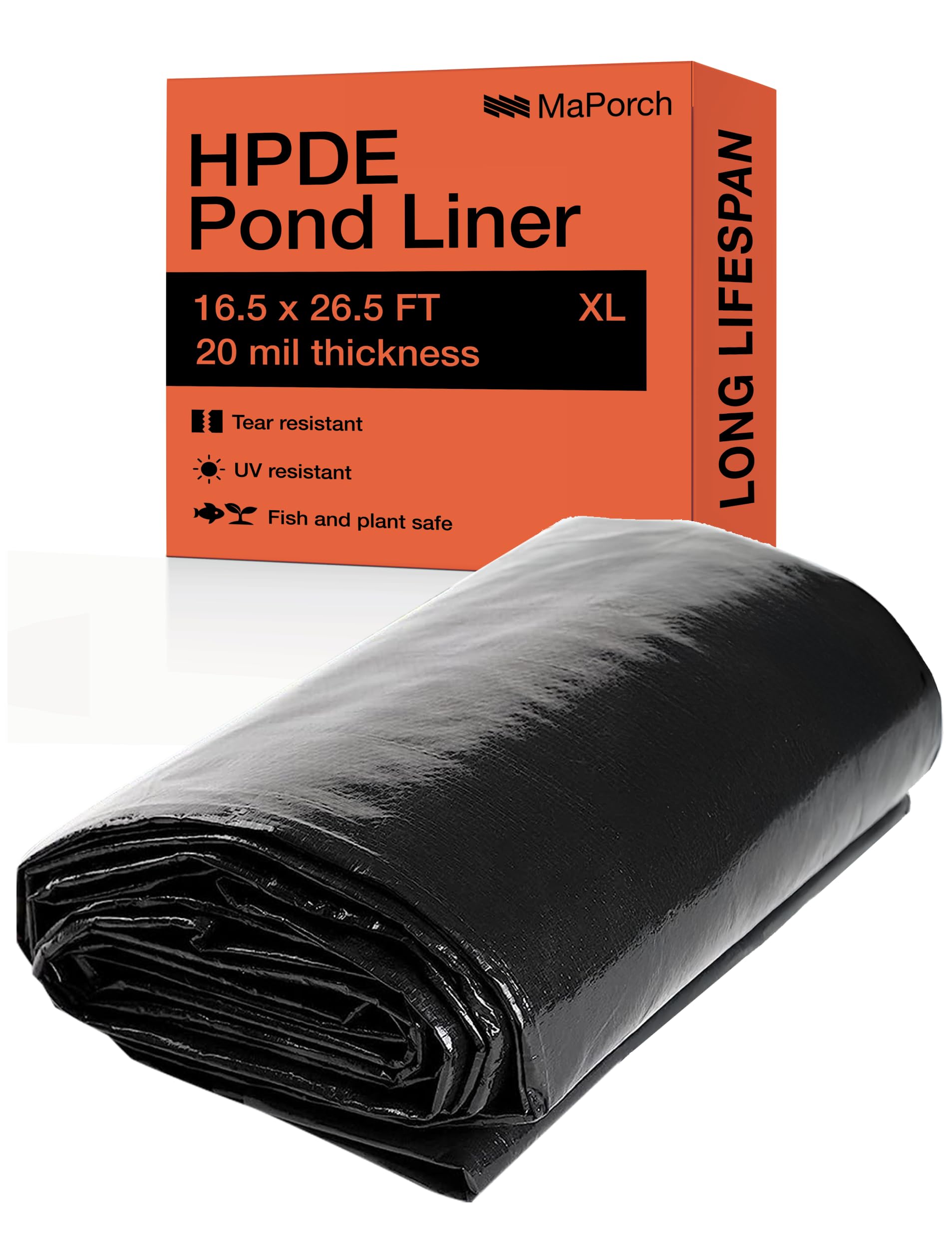 MaPorch HDPE Pond Liner - 16.5 x 26.5 ft, Black, 20 mil - UV Resistant for Pool Liner - Heavy-Duty Leak-Proof Protection for Pond Fountain - Flexible Tear-Resistant Design for Outdoor Fountain