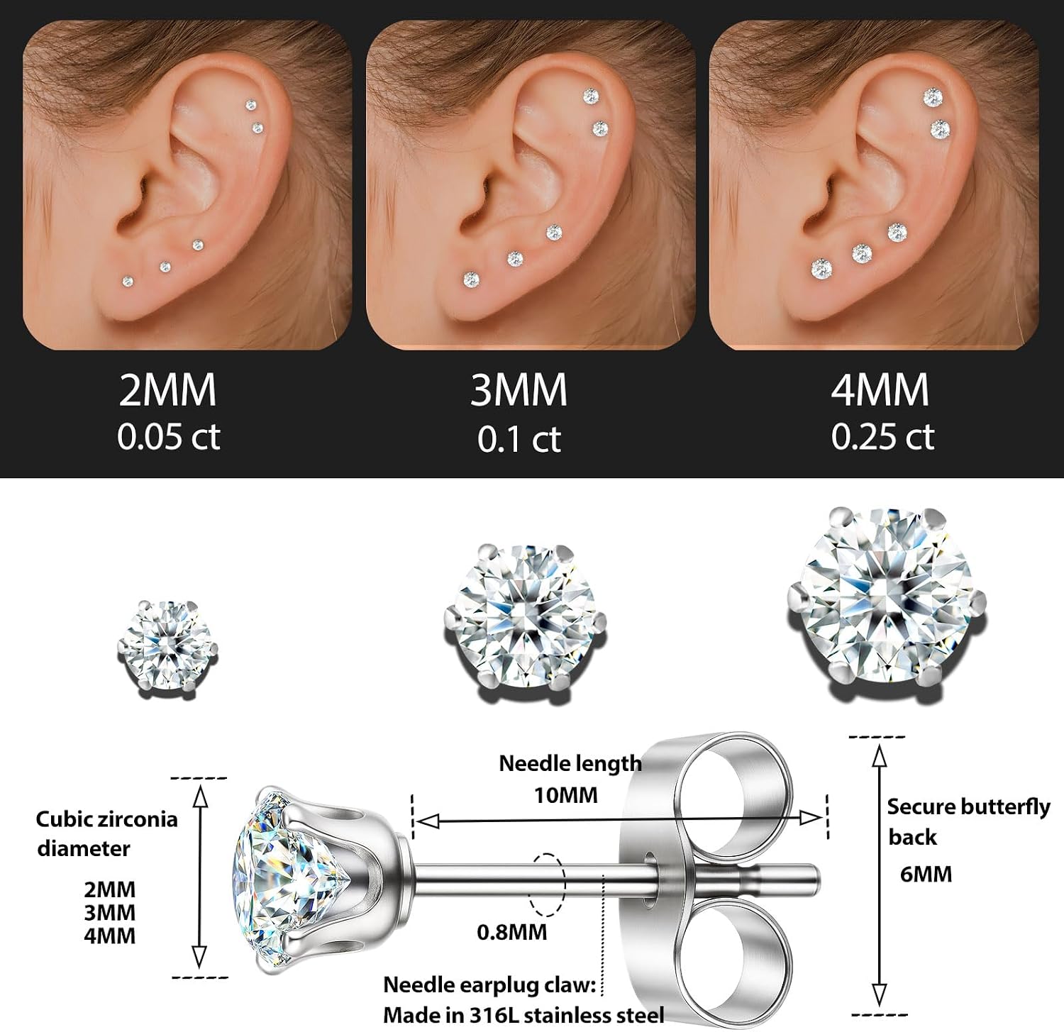 10 Pairs Small Stud Earrings for Women – Hypoallergenic Stainless Steel Tiny Earrings for Sensitive Ears, Cubic Zirconia Simulated Diamond Stud Earrings