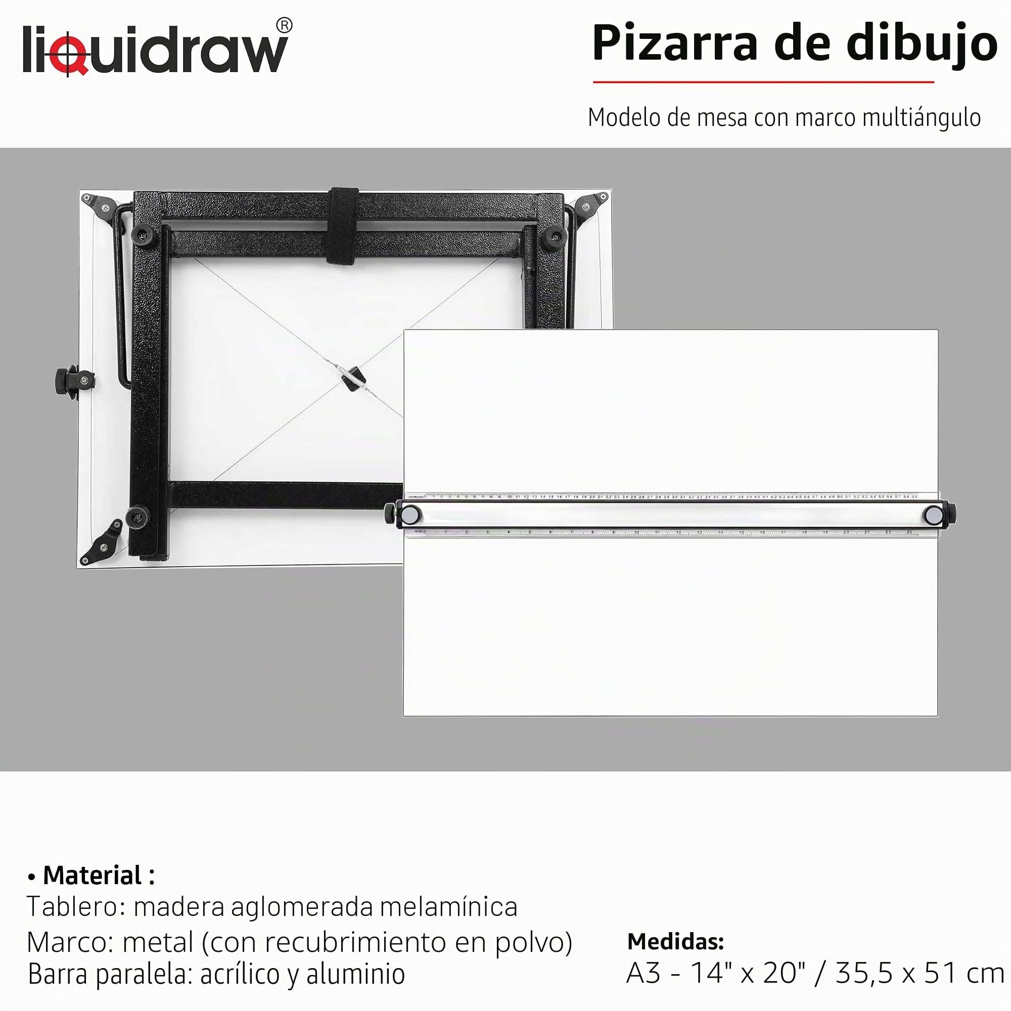Liquidraw Tablero de dibujo A3 con movimiento paralelo, modelo de mesa con 5 ángulos de trabajo ajustables, incluye clips para tablero de dibujo y juego cuadrado