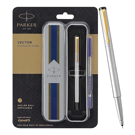 Parker Vector Stainless Steel Gold Trim Roller Ball Pen | Ink Color - Blue | Perfect For Corporate Use | Elite Pen For Professionals