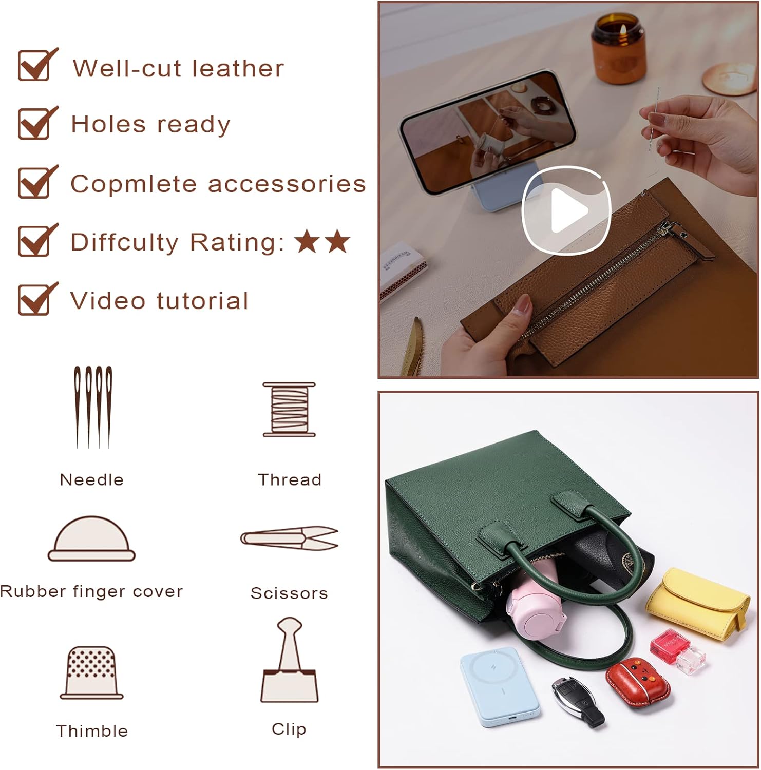 POPSEWING Top Grain Leather Mini Tote Handbag DIY Kit, Crossbody Shoulder Bag with Sewing Kits for Women, Girls, DIY Leather Bag Kit for Personalized Gift (Green)