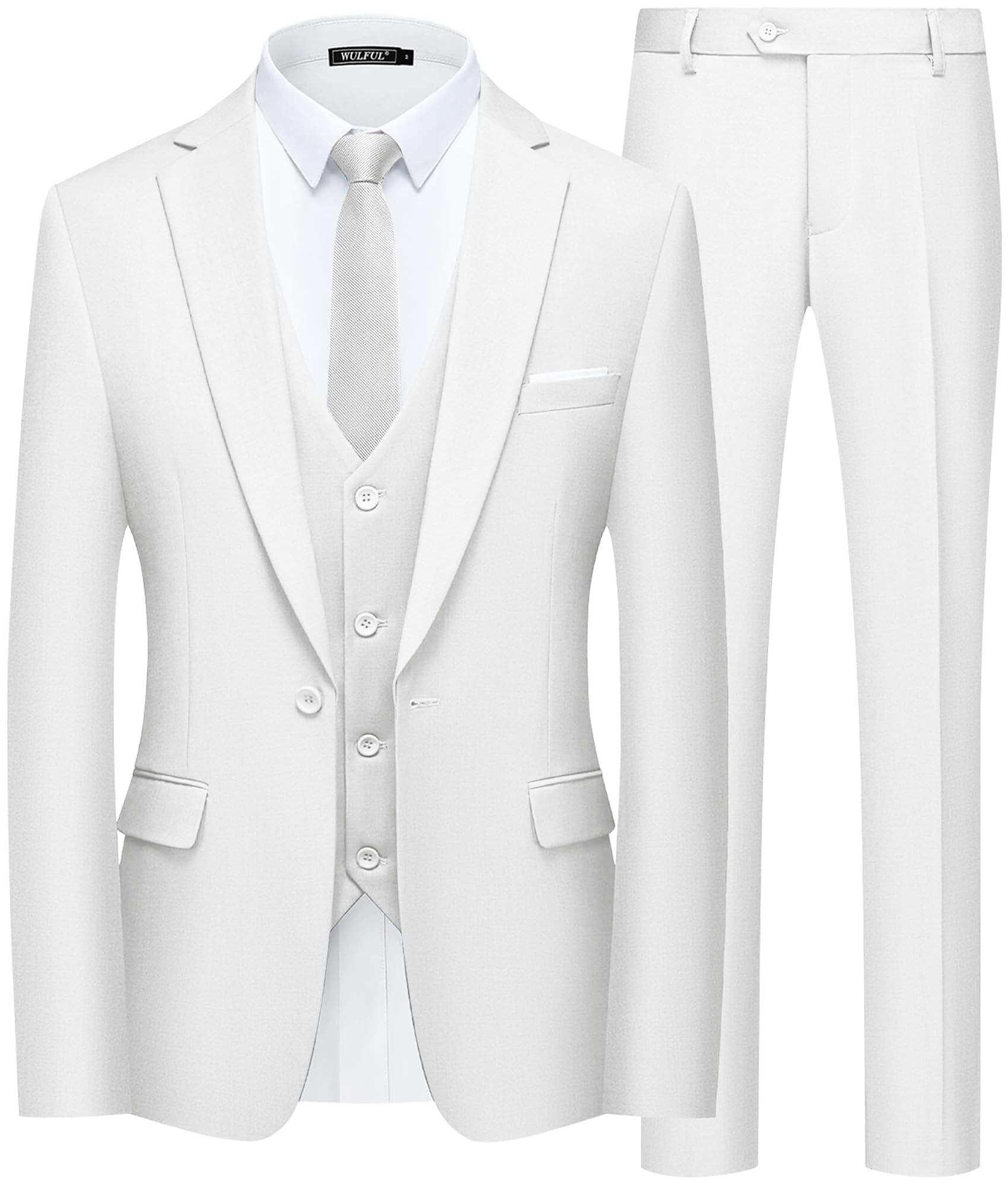 WULFUL Men’s Slim Fit Suit One Button 3-Piece Blazer Dress Business Wedding Party Jacket Vest &amp; Pant