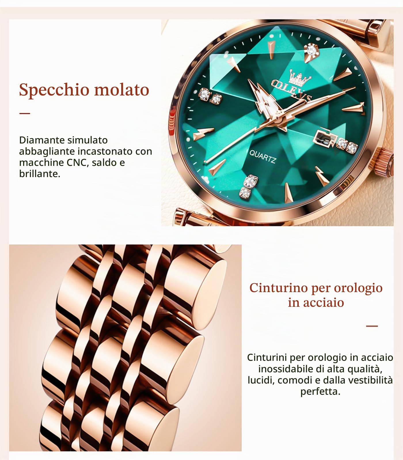 OLEVS Orologi Donna Quarzo Giapponese Oro Rosa Cristallo In Acciaio Inox Moda Donna Orologio da Polso Impermeabile Di Lusso,Elegante Calendario Simulato Orologio Al Quarzo