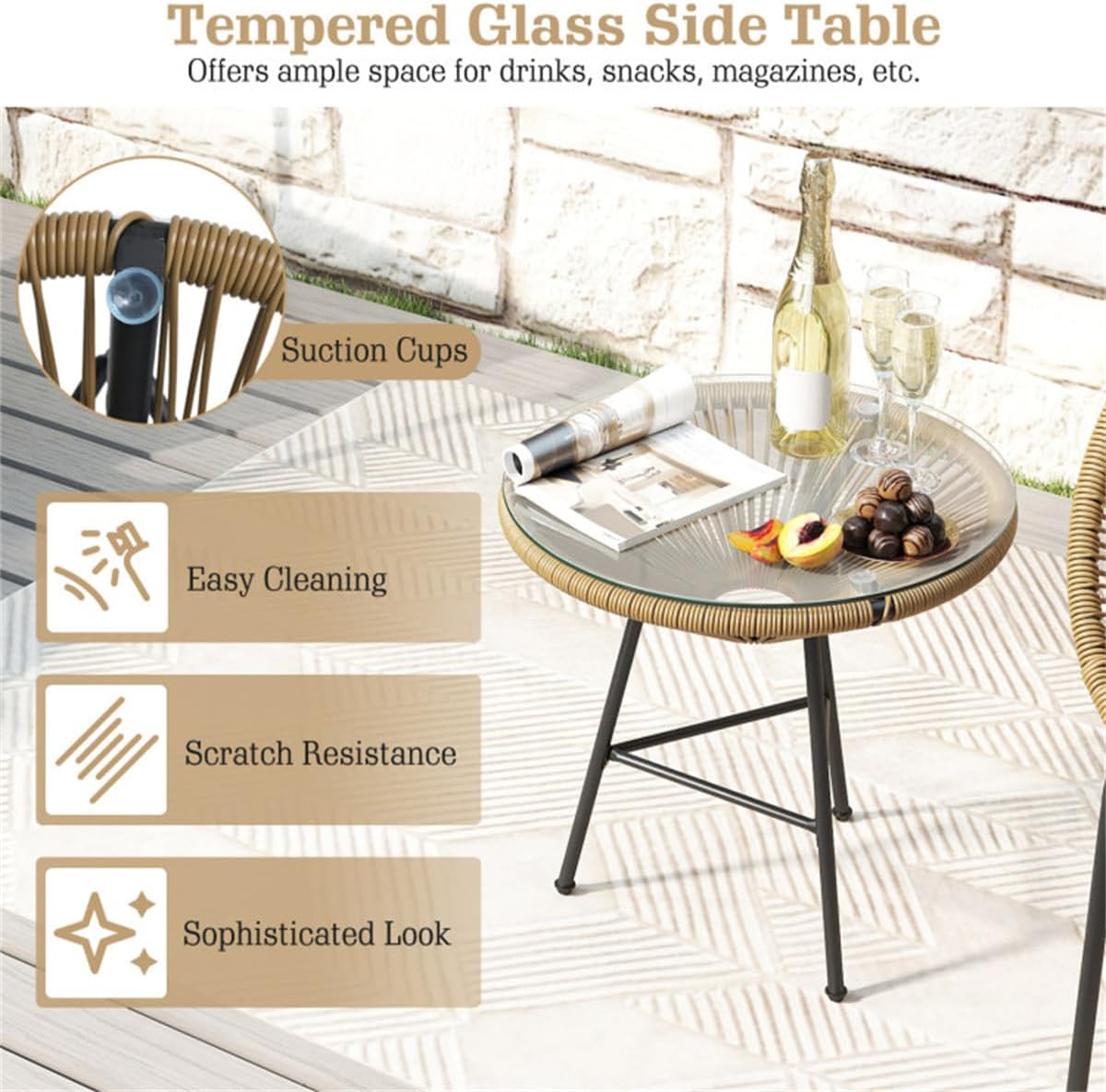 3-Piece Patio Set, 2 Acapulco Chairs + Tempered Glass Table, PE Rope Powder-Coated Steel Frame​