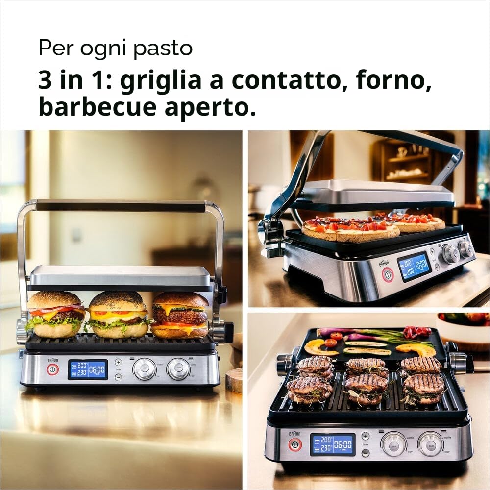 Braun MultiGrill9 CG9043 Griglia Elettrica a Controllo Elettronico con 2 Termostati Indipendenti, Griglia Aperta 37x46cm, Funzione BOOST, Piastre Removibili in Dotazione 2 Set Griglia e Liscia, 2000W