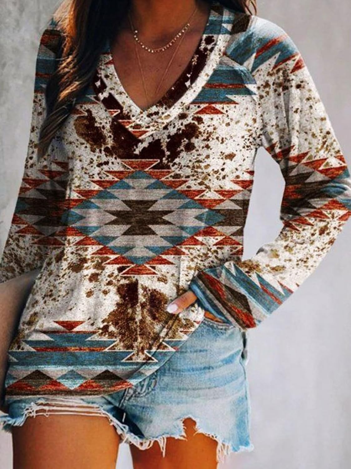 Women's Aztec Cow Western Long Sleeve Tshirts Casual V Neck Ethnic Style Novelty Blouse Fall Pullover Tops - Image 2