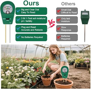 Soil Moisture Meter, 3-in-1 Soil Moisture/Fertility/pH Tester | Plant Soil Meter, Suitable for Garden Care, Lawns, Agriculture and Indoor/Outdoor Plants (No Batteries Required)
