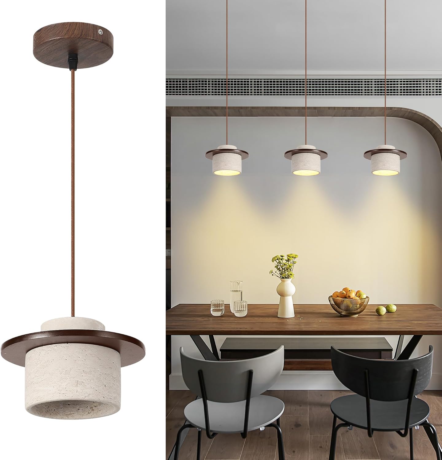 3 Pack Small Wabi Sabi Pendant Light 5.1in Japandi Natural Travertine Stone & Wood Lampshade, Nordic Pendant Lighting Fixture for Kitchen Island Dining Room Bedroom Cafe (Bulb Included) 3PCS Walnut