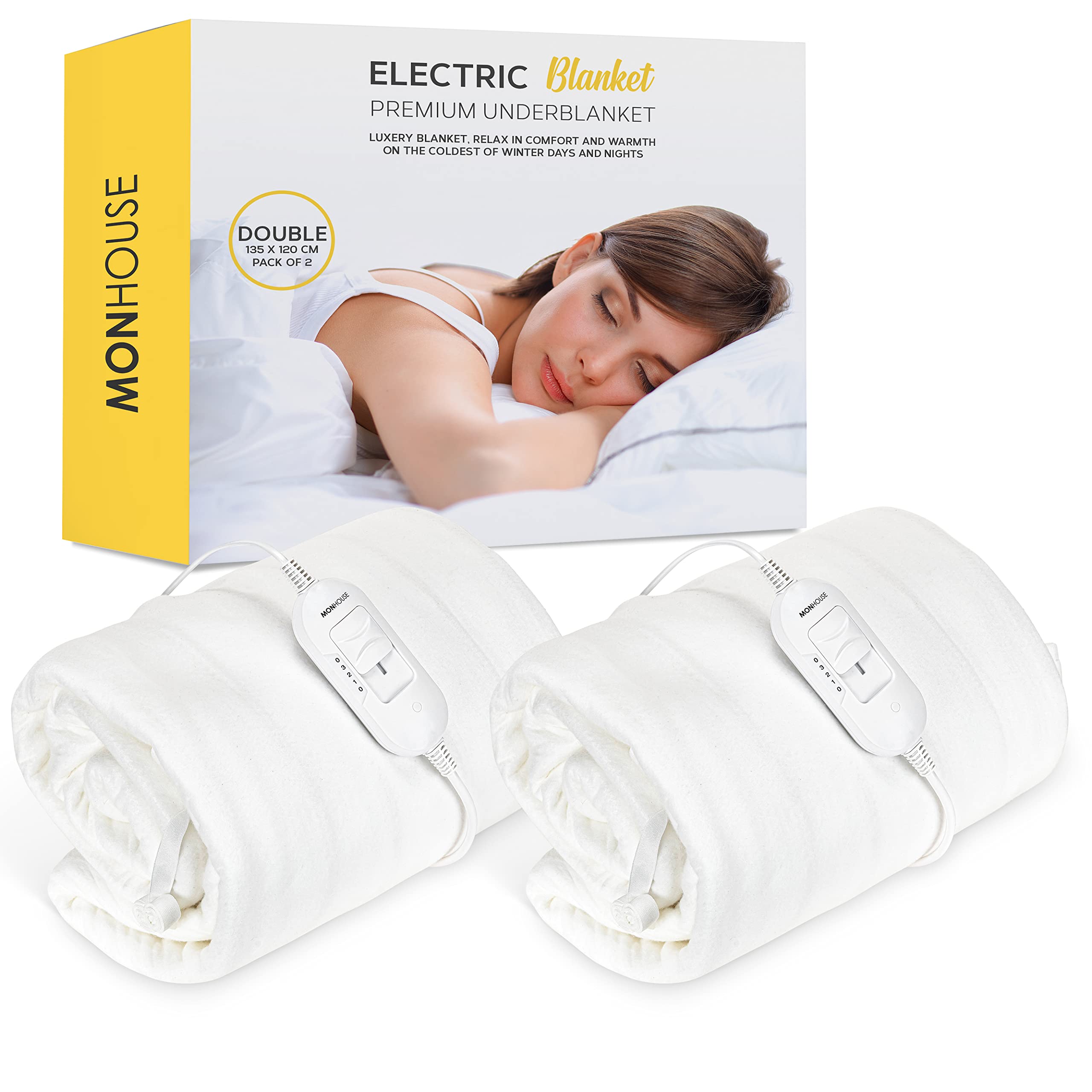 Monhouse White Premium Soft Fleece Electric Blanket - Heated Under Blanket - Fully Fitted Heated Mattress Cover - Detachable Controller & Machine Washable - 3 Heat Settings - Double 120X135cm