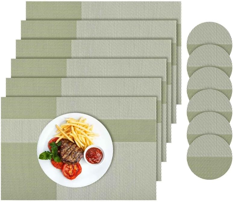 FANTESI Placemats and Coasters Set of 6, Table Mats, PVC Woven Insulated Placemats and Coasters Set for Home Indoor Outdoor Placemats(Green)