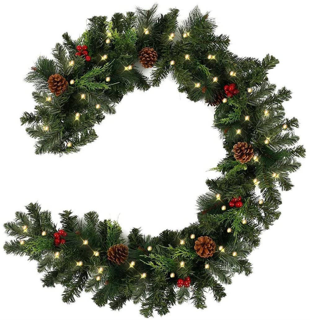 1.8m/2.7m Pre-Lit Christmas Decoration Garlands,Artificial Xmas Garland with Lights,Pine Cones and Red Berries,Christmas Pine Needles Wreath for Stairs,Fireplace,Front Door Decor (2.7m (50 lights))