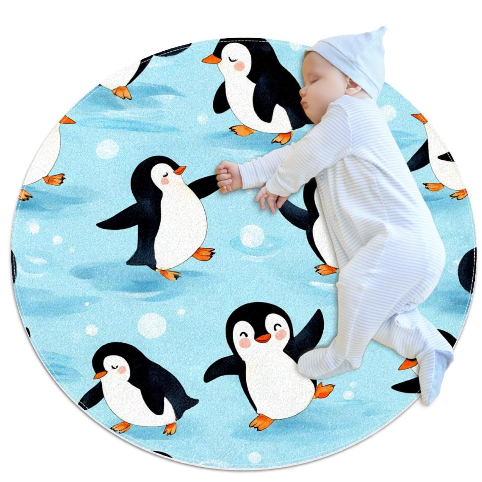 Tapis de salle de bain anti-glisse rond motif pingouins et vagues