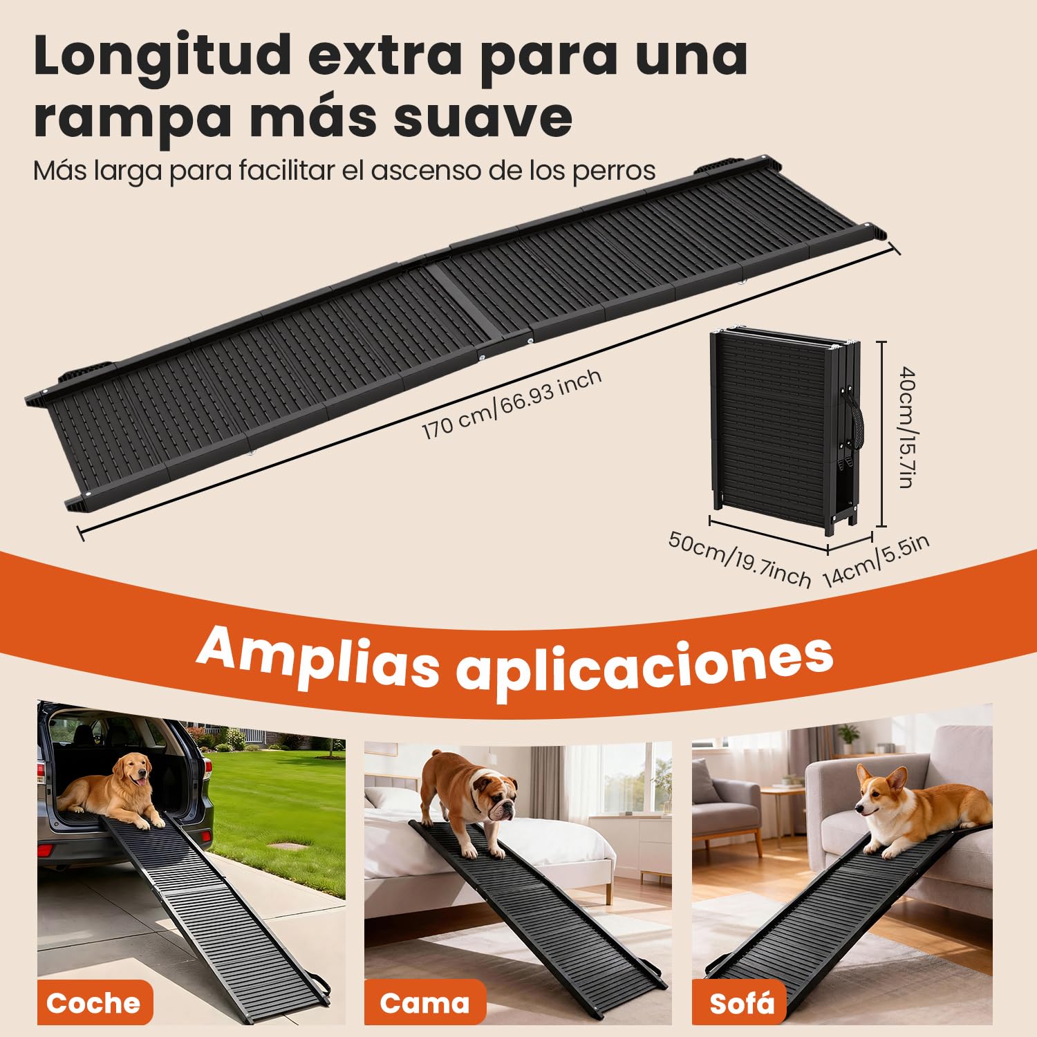 Rampas para perros para coches, 170 cm x 41 cm, rampa plegable extra larga para perros con superficie antideslizante, de servicio pesado, capacidad de 100kg, rampa portátil para mascotas, para SUV