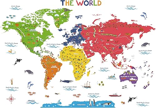 Decowall - Calcomanías coloridas con mapa del mundo, removibles, se pelan y pegan, ideal para recámaras de niños, salas (tamaño grande y