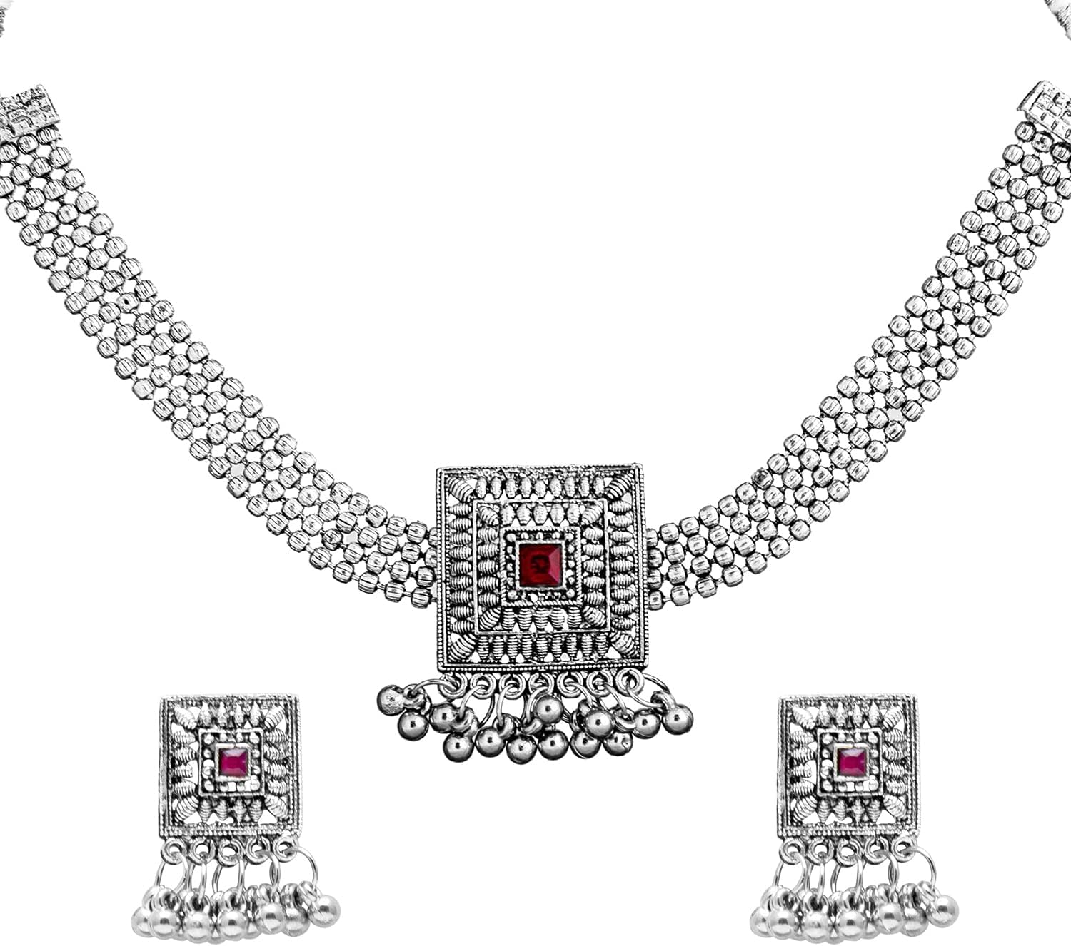 Bodha Traditional IndianSilver Plated Oxidized Stylish Traditional Ethnic Choker Necklace Jewellery Set for Women (SJN_99)