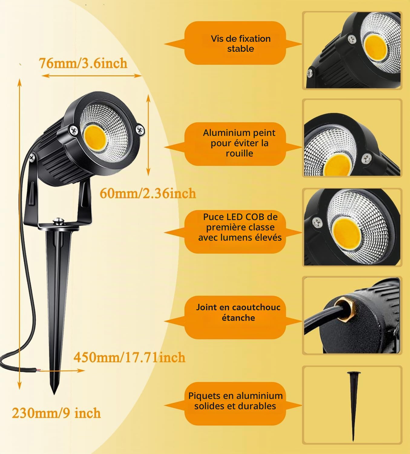 AHOTSUK Spot LED Extérieur avec Piquet COB 5W IP66 Étanche Orientable Projecteur Spot Led Lampe de Jardin Éclairage pour Chemins Balcon Terrasse Hôtel Pelouse LED Lumière Blanc Chaud 12V 24V