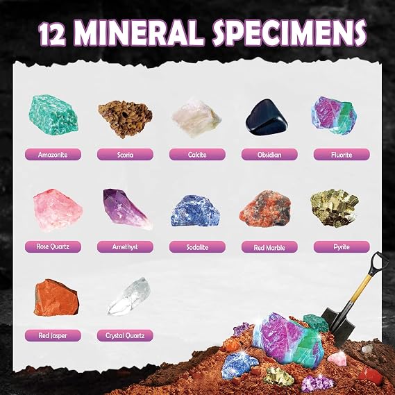 Byncceh Edelsteine Ausgraben für Kinder ab 6-12 Jahren Edelsteine Ausgraben Set mit 12 Mineralien Steine Mineralogie Spielzeug Geologie Archäologie Geschenk für Kinder Jungen Mädchen