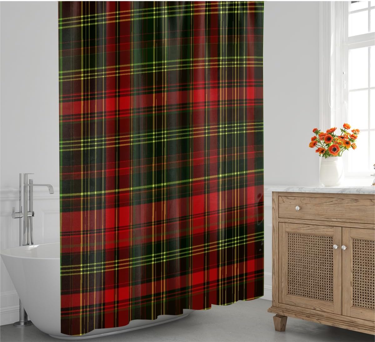 Shower Curtain with 12 Hooks, Red and Green Plaid Waterproof Bath Curtain, Decorative Fabric Shower Liner for Bathroom Home Dorm, 72"x72"