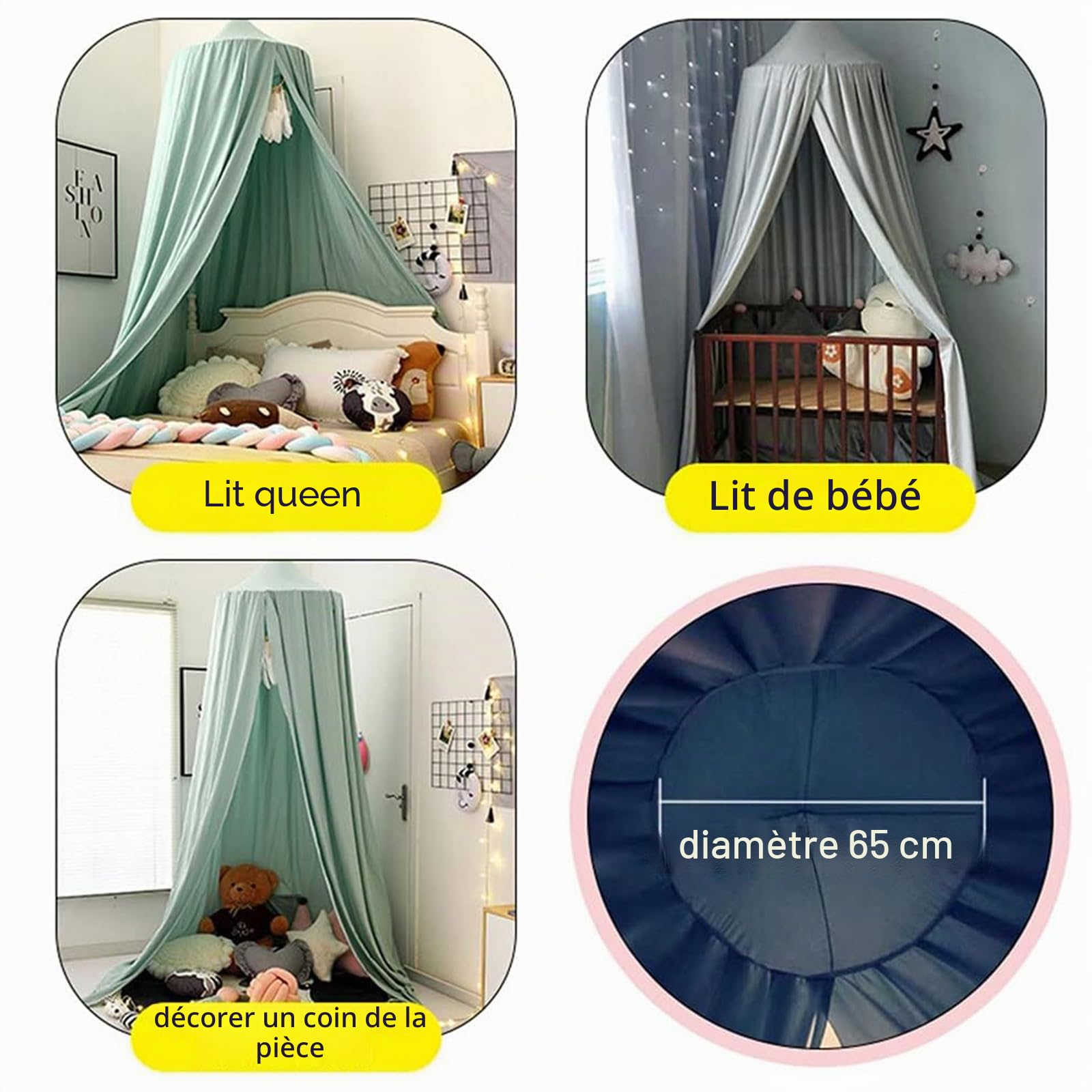 Grand ciel de lit pour enfants - Moustiquaire ronde en forme de dôme - Tente de jeu princesse pour filles - Décoration de chambre d'enfant - Ciel de lit confortable et doux pour enfants