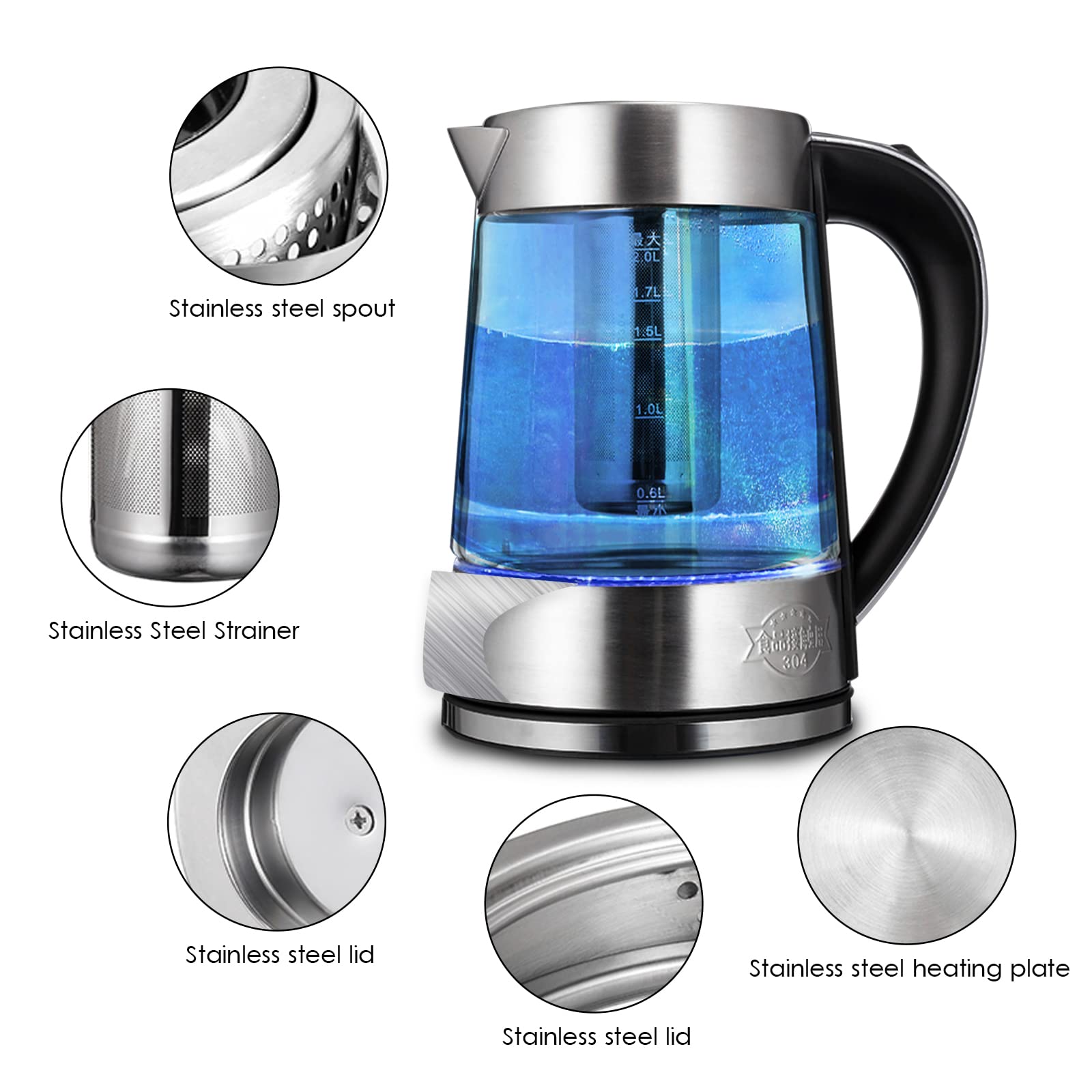 Bollitore Elettrico Bollitore per Acqua in Vetro da 2 Litri con Indicatore Luminoso a Led, Bollitore a Bollitura Rapida da 1500 W, con Filtro in Acciaio Inossidabile, Coperchio Interno e Fon