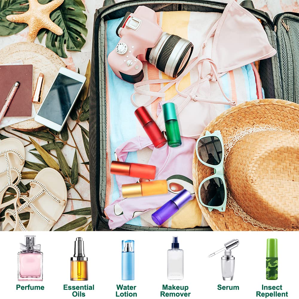 10 Botellas Roll On de Cristal Multicolor 5ml/10ml para Aceites Esenciales con Bola de Metal - Aromaterapia