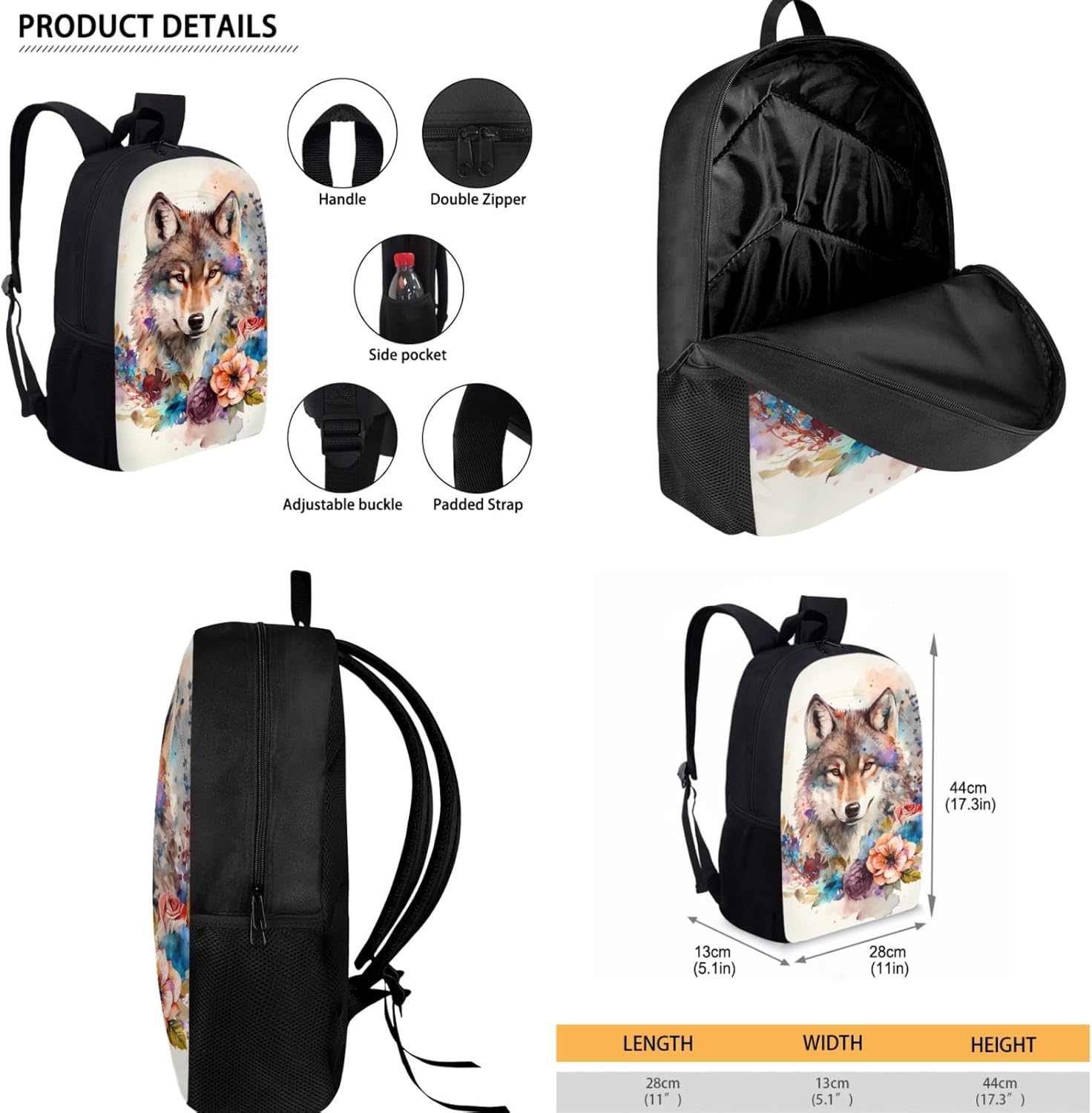 Renewold 3pcs Kids Teens Backpack Set Wolf Flower Print with Lunch Box Pencil Case Preschool Primary Middle School Student Bookbag School Backpacks Laptop Backpack Boys Girls Book Bag