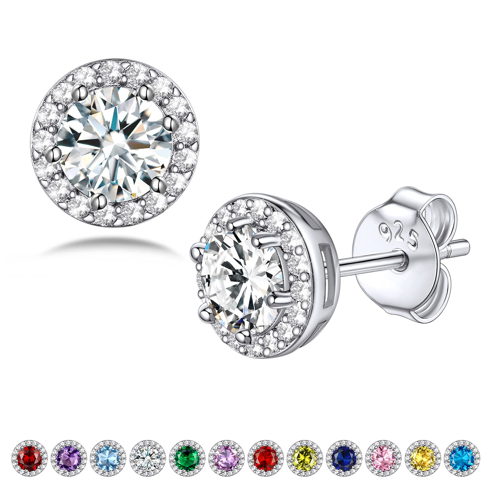 Bestyle Sparkling 925 Sterling Silver Birthstone Stud Earrings for Women, Heart/Round/Teardrop/Square Solitaire Diamond Studs Earrings, Great Birthday/Christmas Gifts