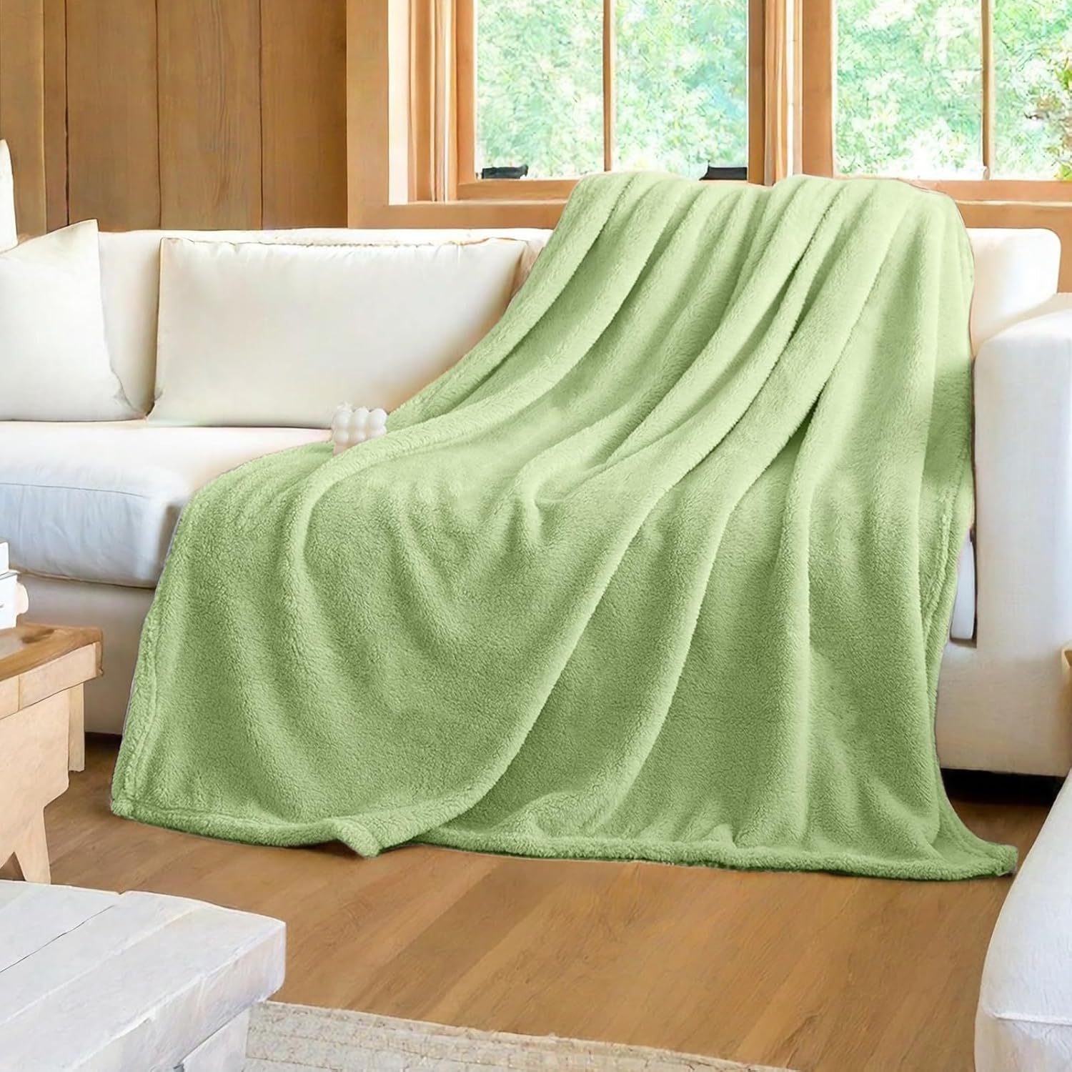 Sherpa Throw Blanket for Couch, Soft Warm Thick Blanket Cozy Fluffy Microfiber Throw Flannel Double Reversible Luxurious Blankets for Bed Sofa, Sage Green King Size 104"x90"