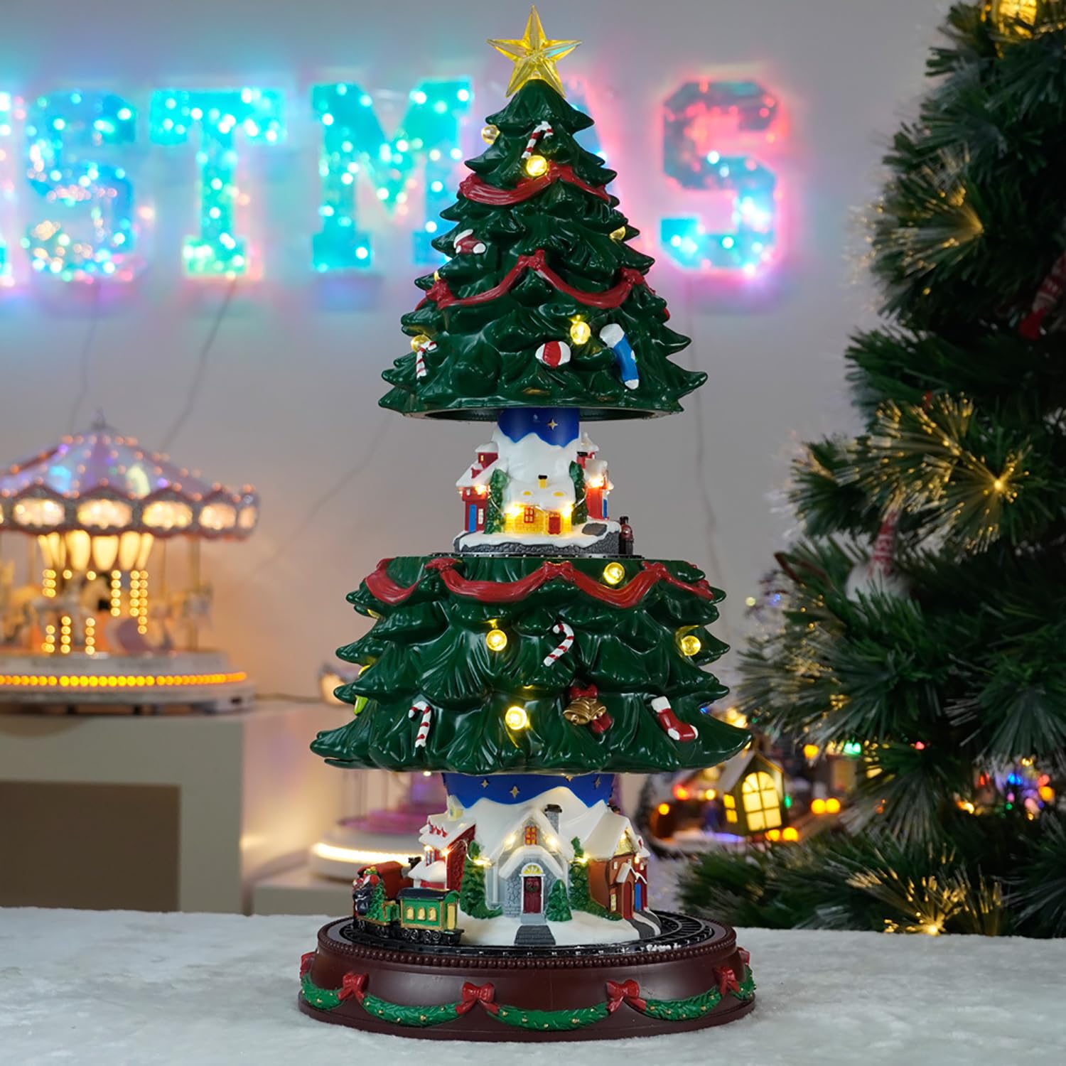 Árbol De Navidad Musical Iluminado De 49 Cm De Altura, Escena De Pueblo, Árbol De Navidad Que Sube Y Baja, Escena De Tren Giratorio, Caja De Música, Decoración Festiva, Añade Encanto Al Ambiente