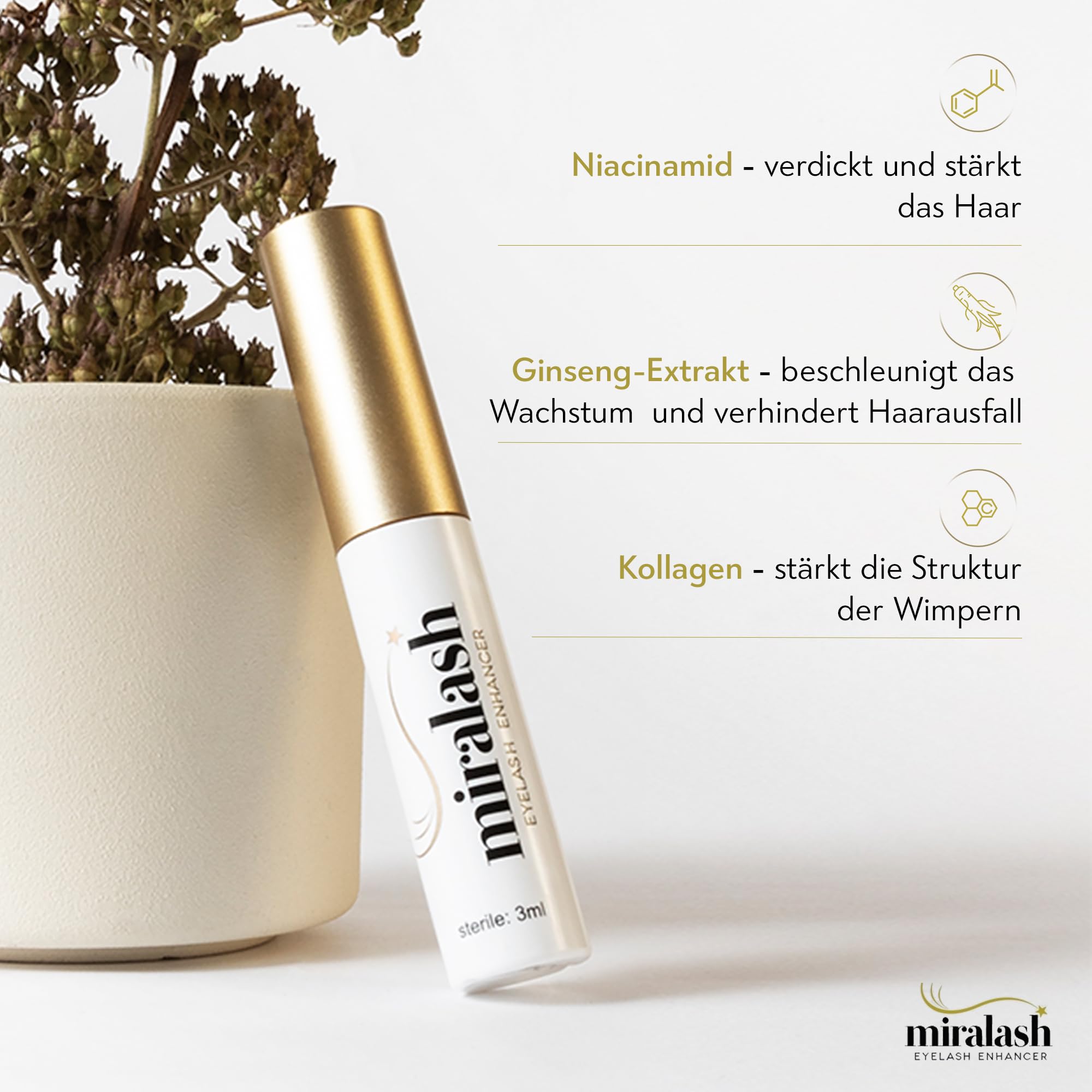 Miralash Wimpernserum 3er Pack - Eyelash Serum for long lashes, Wimpern Serum Schnell Wachstum, mit Ginseng für Wimpern, Prostaglandin Wimpernserum