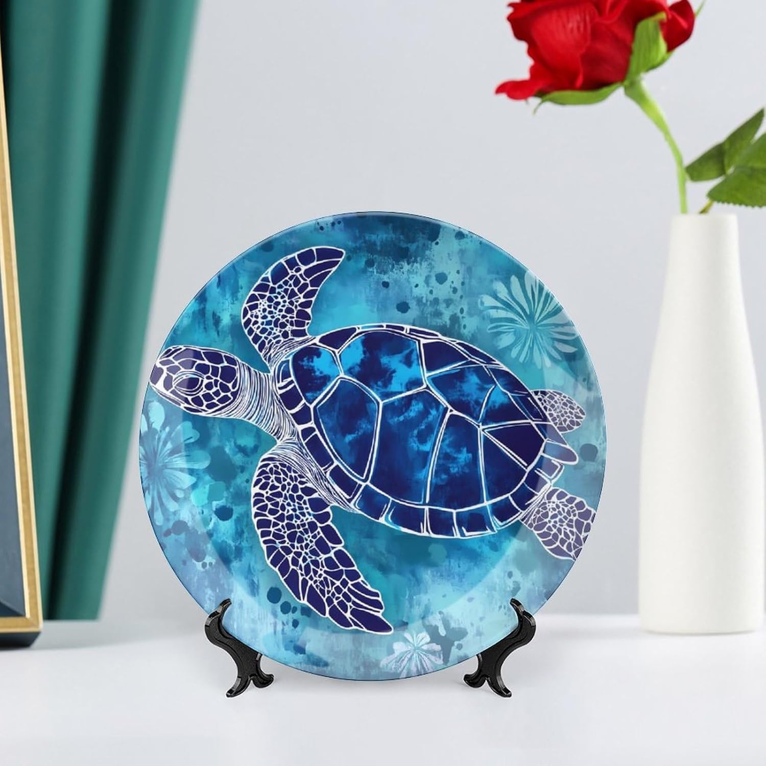 Turtle Ocean Daisy Flowers Decorative Plates for Display Ceramic Plate Tray with Stand Hanger Home Decor