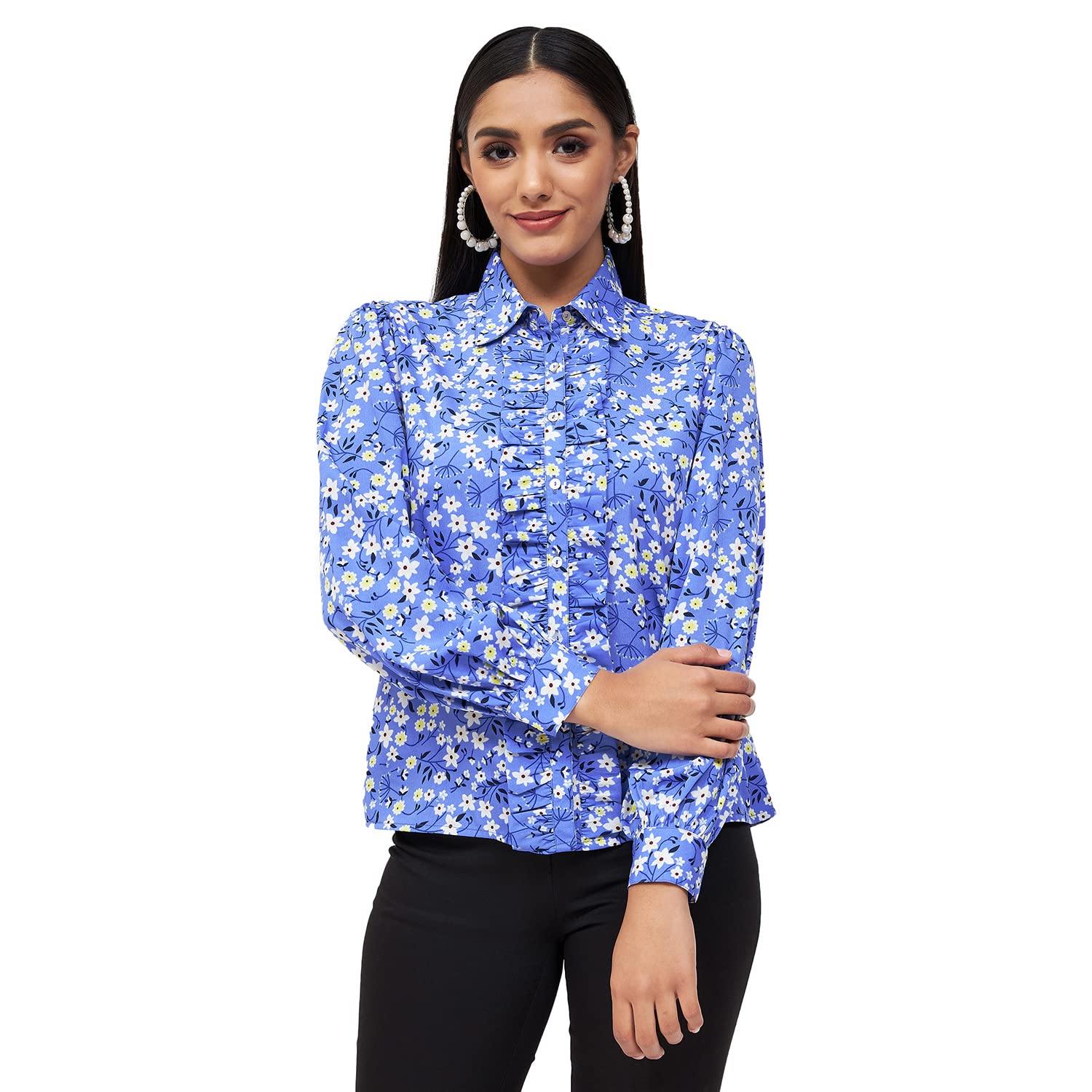 kibo Casual Women's Floral Polyester Collar Neck Top Blue-picture-16