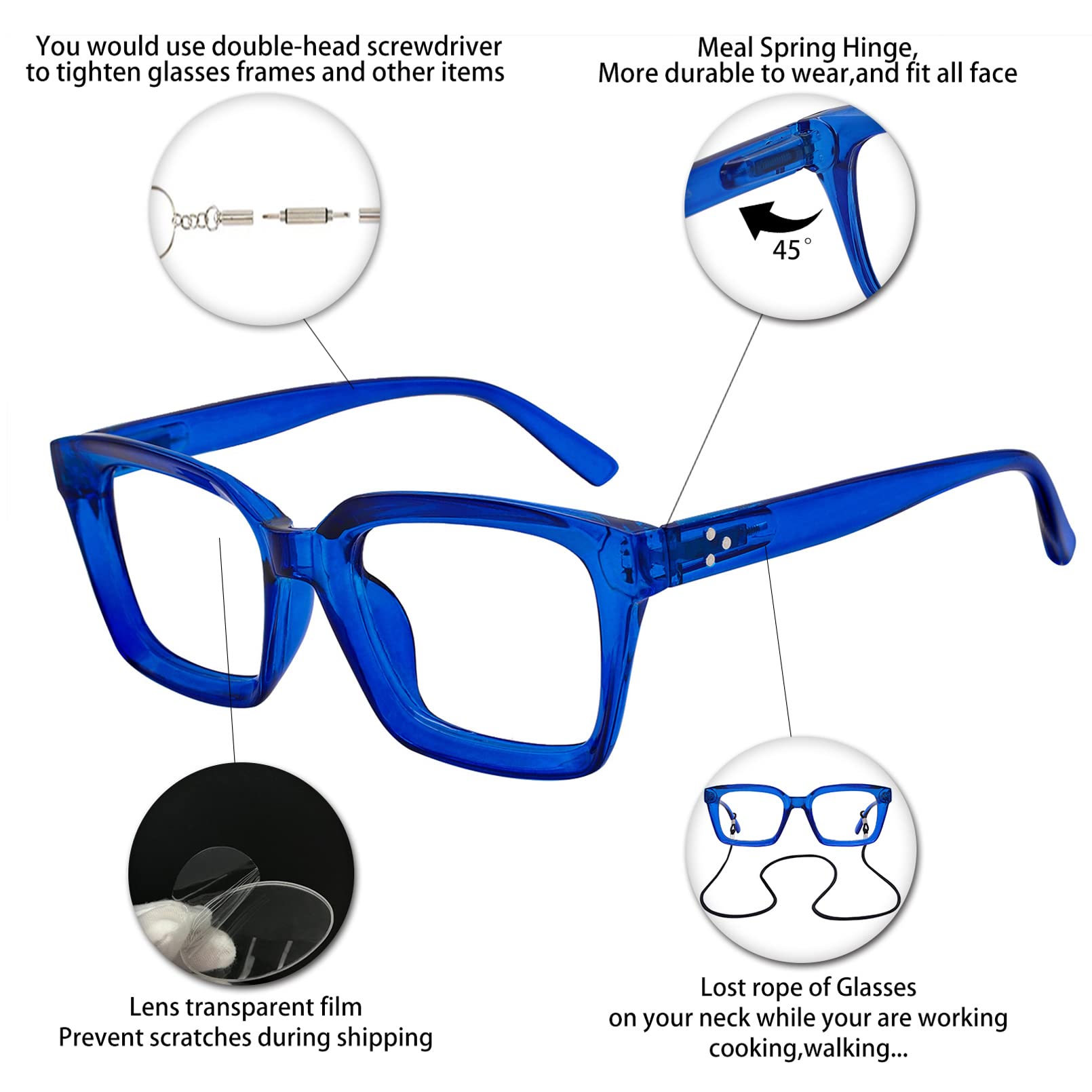 OCCI CHIARI Reading Glasses for Women 1.75, Ladies Trendy Square Glasses, Romantic Blue Large Reader Spring Hinge,175+ - Image 4