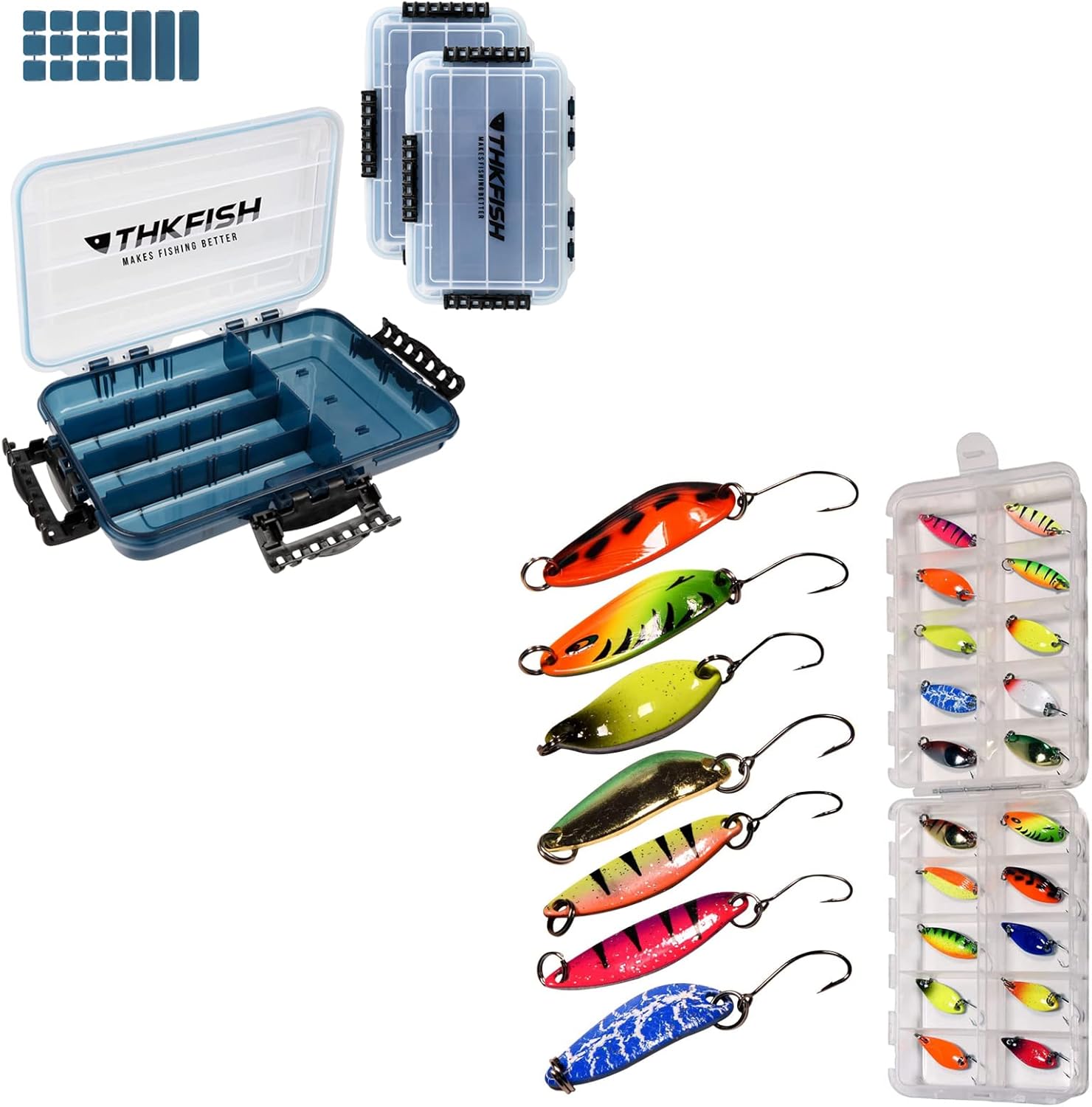 THKFISH 3600 Tackle Tray Waterproof Floating Fishing Lure Box 2PCS+Spoon Fishing Single Hook Trout Lures Spoons 20pcs